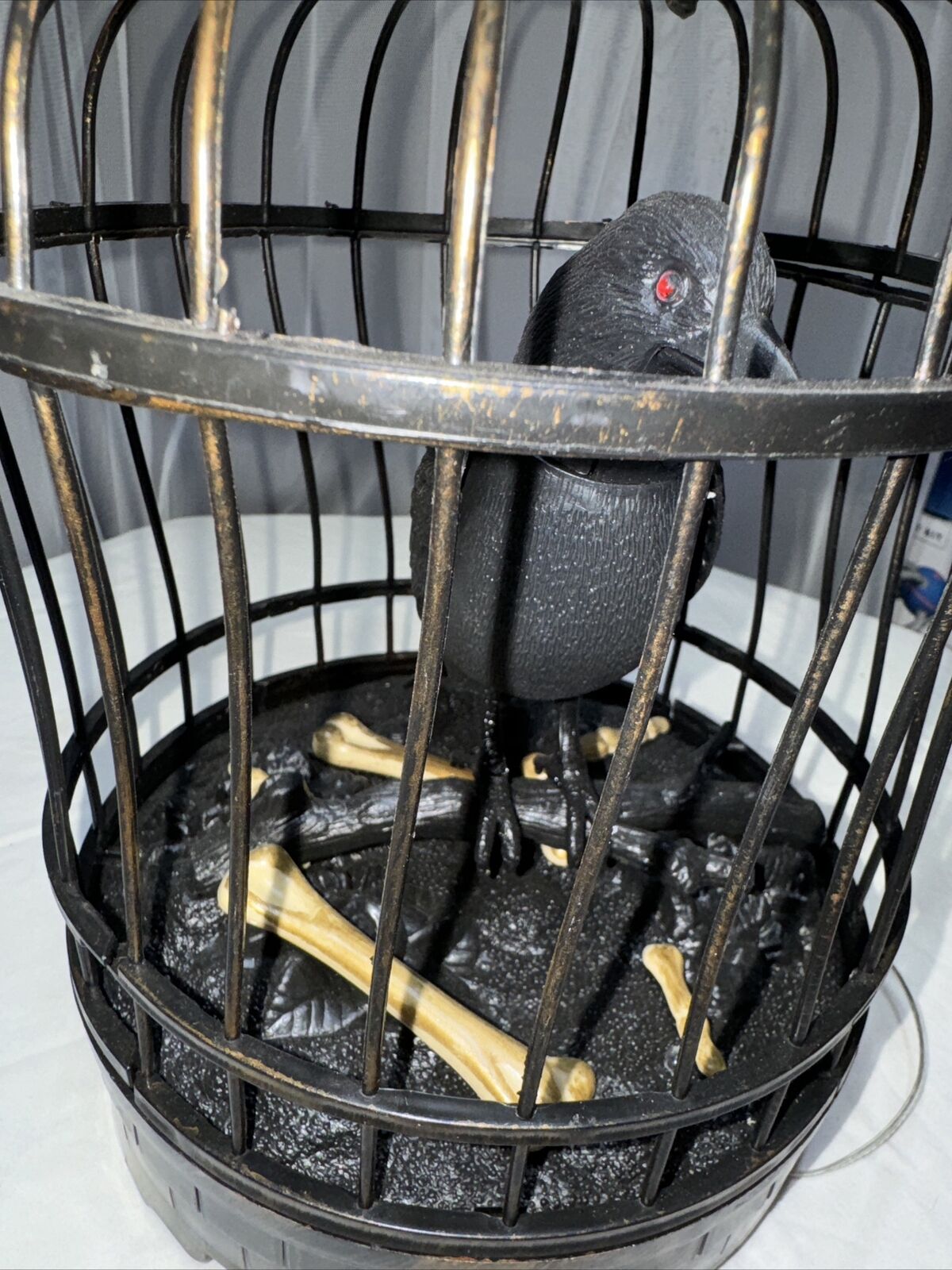 Pan Asian Creations Halloween Crow In Cage. Moves And Talks Red Glowing Eyes