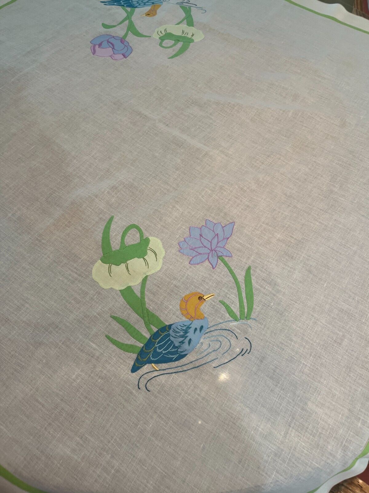 VTG  Madeira Hand Embroidered Applique Teacloth Tablecloth  Ducks & Water Lilly