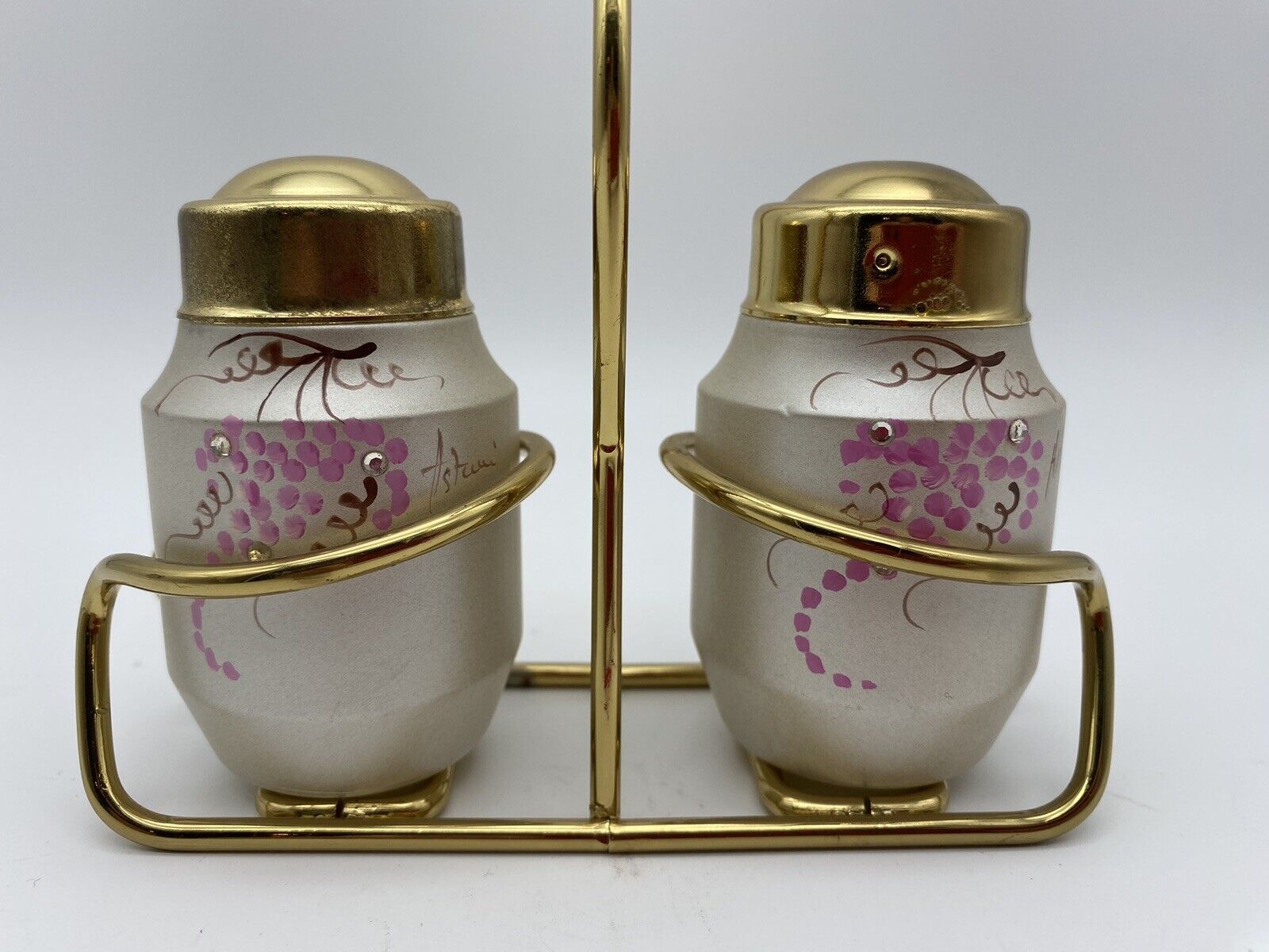 MCM Style Hand Painted Salt And Pepper Shaker In Metal Stand