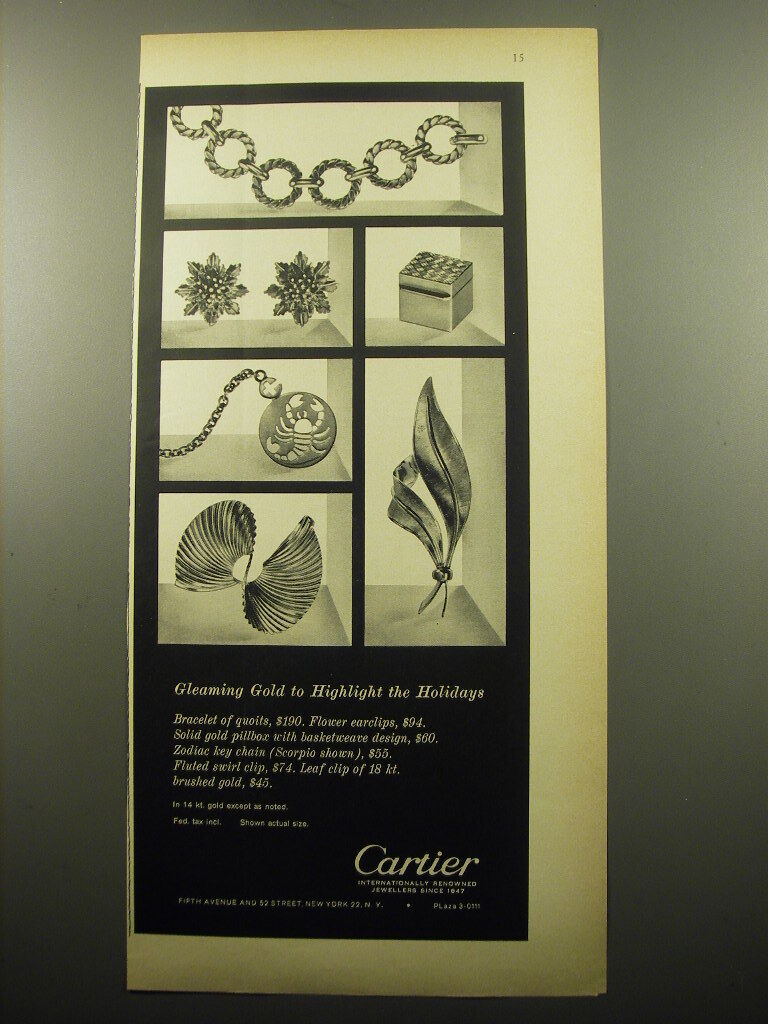 1960 Cartier Jewelry Ad - Gleaming gold to highlight the holidays
