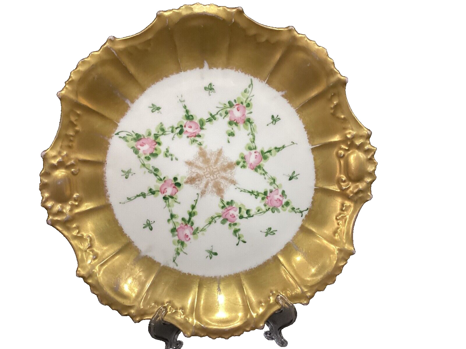Antique Flambeau China Limoges Thickly Gilded Floral Scalopped Rim Cabinet Plate