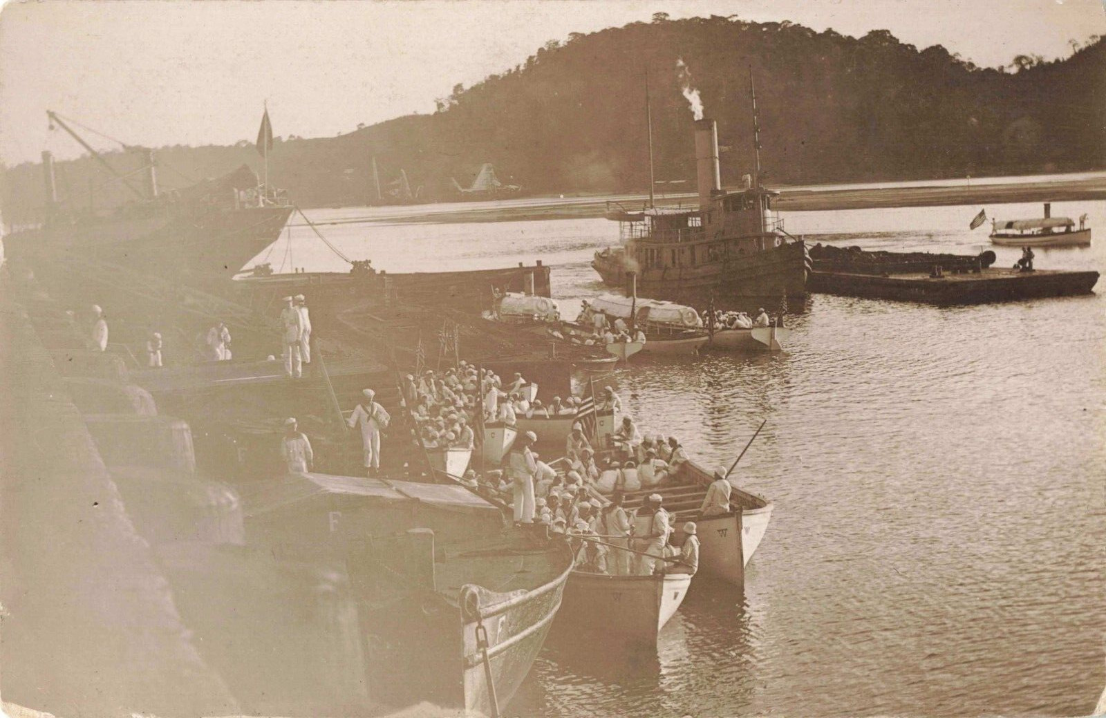 US Navy Servicemen Transfer Boats Pier Ships Vintage RPPC Real Photo 226
