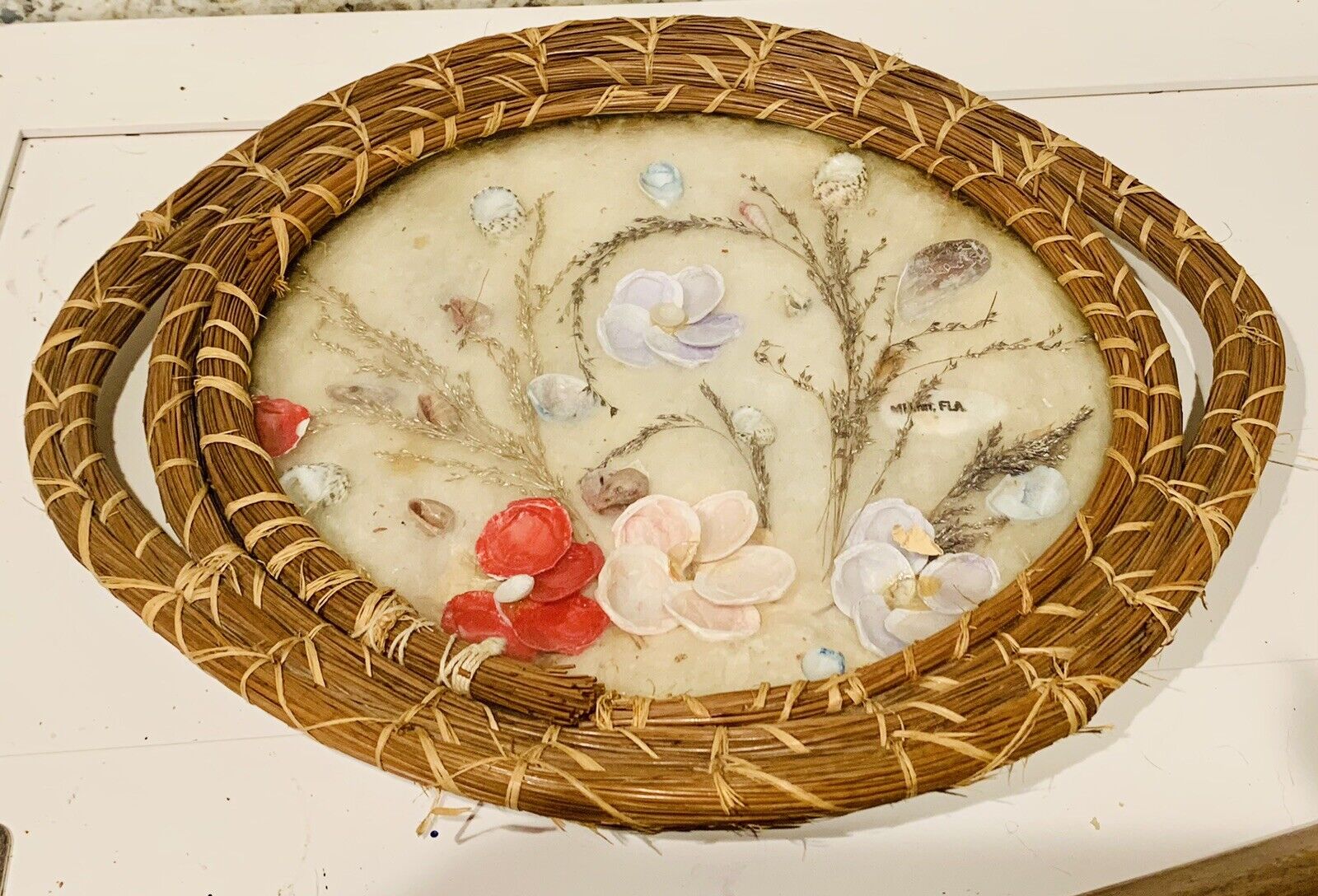 Vintage Seashell Art Oval Rattan Curved Glass 8×10 1970s Floral Depiction