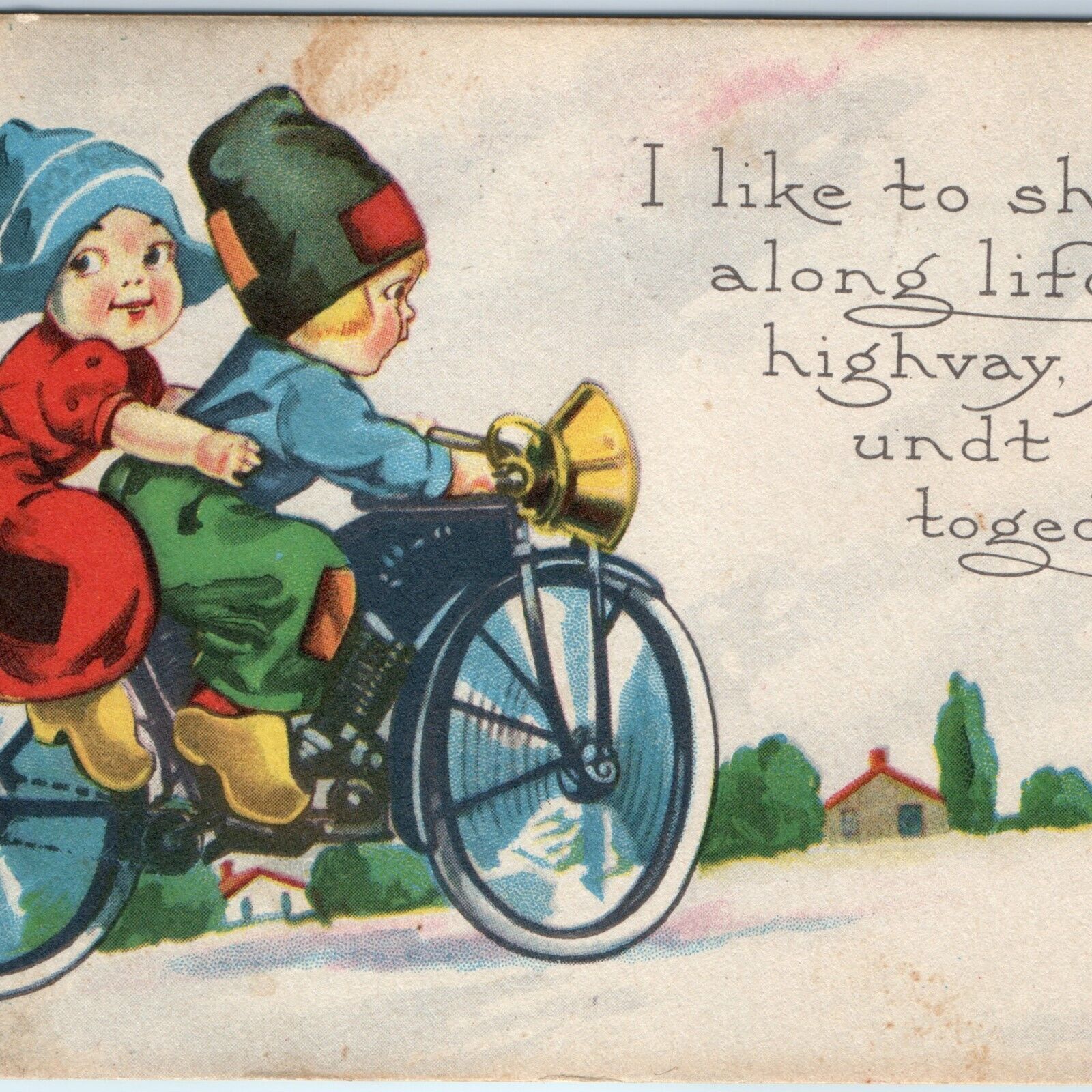 c1910s Lovely Dutch Children on Motorcycle Motor Bike Bicycle Postcard Cute A175