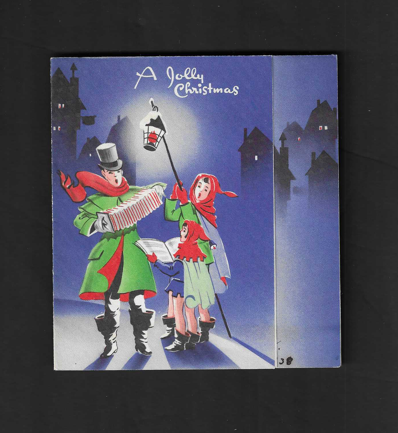 vintage 1938 J.P. Greeting Jolly Christmas Card Carol Couple song at night Lamp