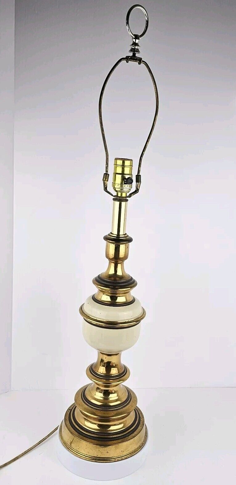 Vintage Hollywood Regency Style Brass w/ Brown and Cream Lacquer Table Lamp