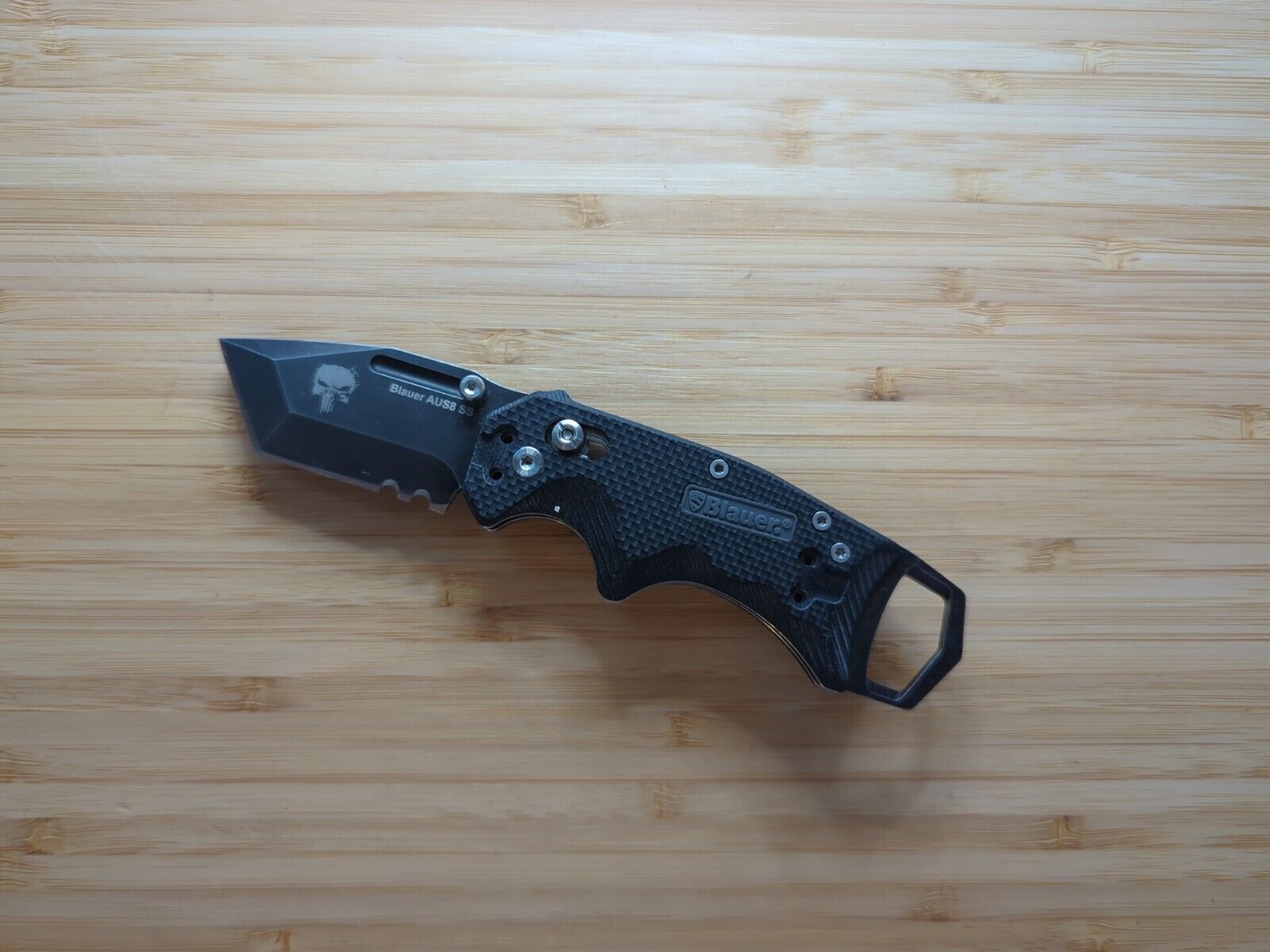 Blauer AUS8 SS Pocket Knife - Tactical, Bottle Opener - Etched Punisher Logo