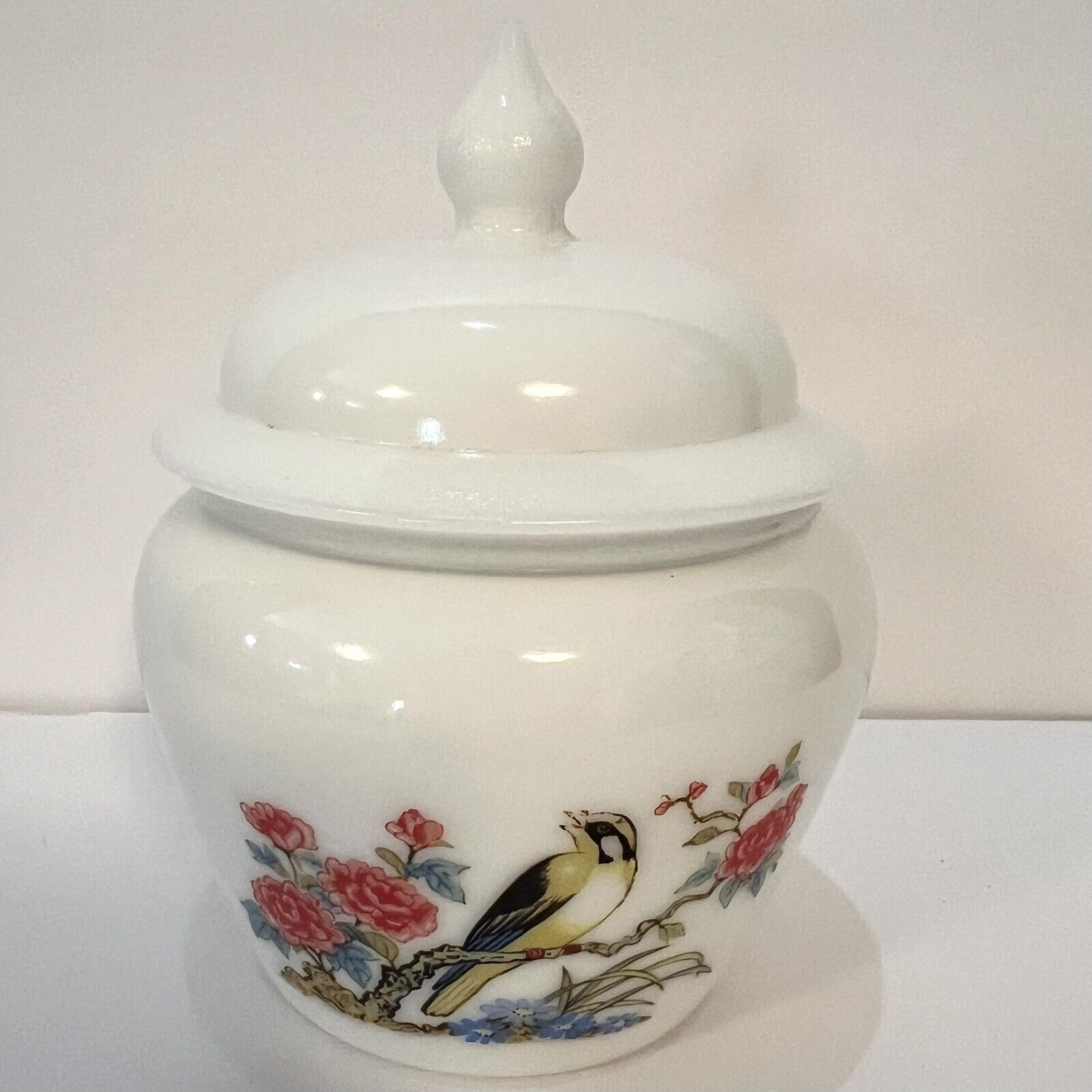 Vintage Avon Milk Glass Ginger Jar With Lid.  Yellow Bird Cherry Blossom  6”