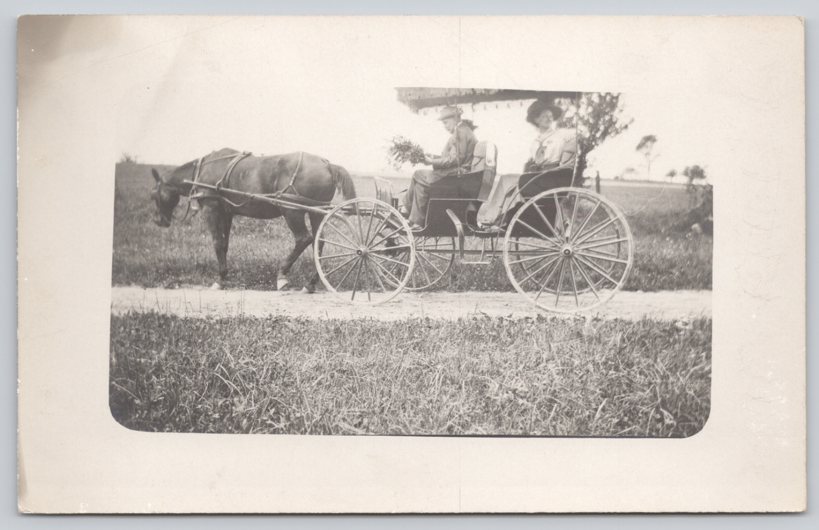 RPPC Horse Carriage 3 People Man with Flowers Woman with Hat and a Smile A1053