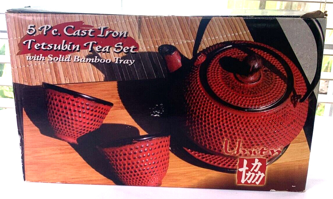 UNITY 5 Piece Cast Iron  Japanese Tetsubin Tea Set w/Bamboo Tray Old Dutch Intl.