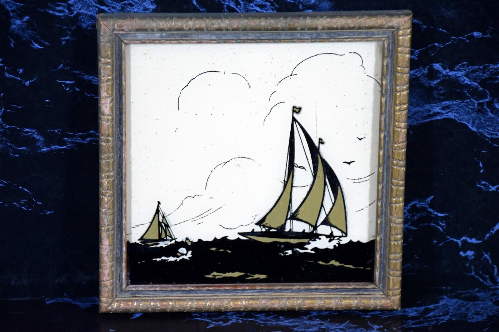 Antique Reverse Painted Silhouette Sail Boats Reliance Picture Frame Company*$