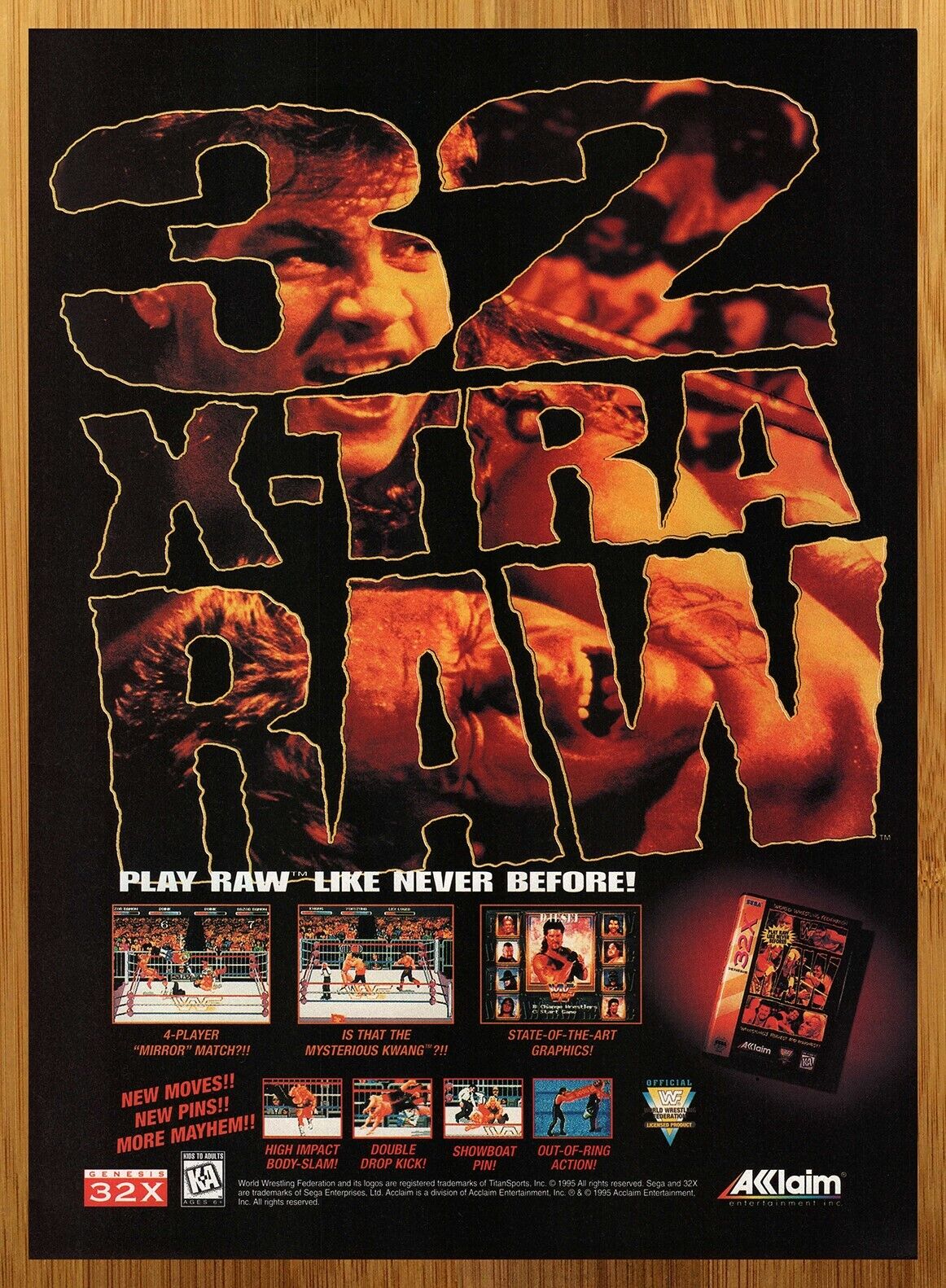 1995 WWF Raw Sega 32X Vintage Print Ad/Poster Wrestling Video Game Promo Art 90s