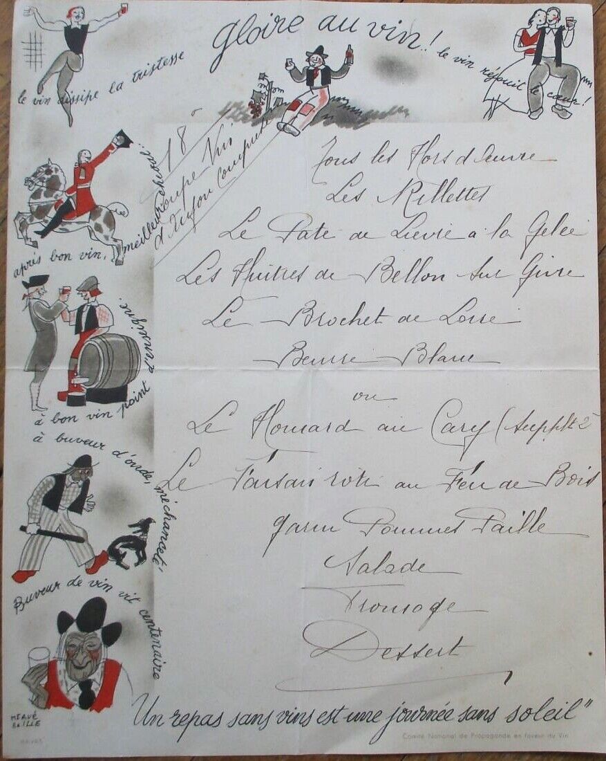 Menu: Wine Advertising 1950s French Handwritten, Herve Baille/Artist-Signed