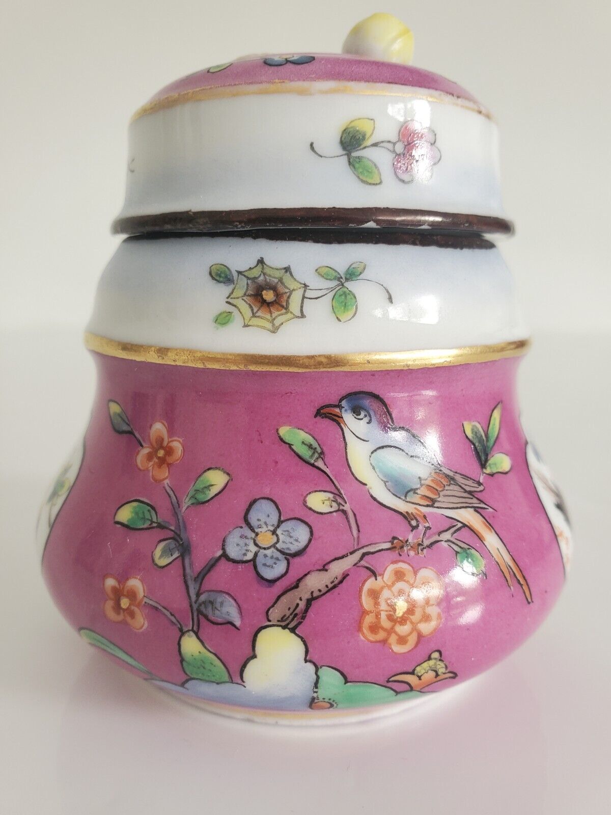 Antique Meissen Augustus Rex Pink Miniature Jar Birds & Flower Finial H 3 .5\