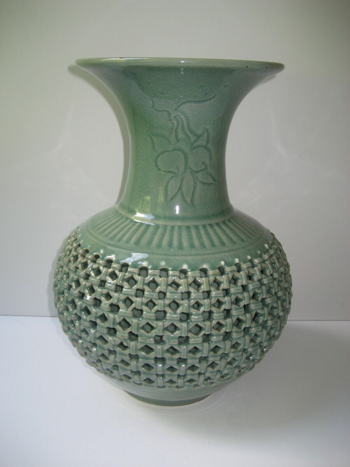 Vintage Korean Celedon Double Wall Reticulated Basket Weave Large Vase Signed