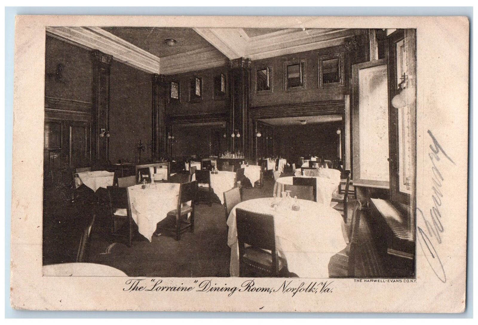 1912 Lorraine Dining Room Restaurant Table Settings Interior Norfolk VA Postcard