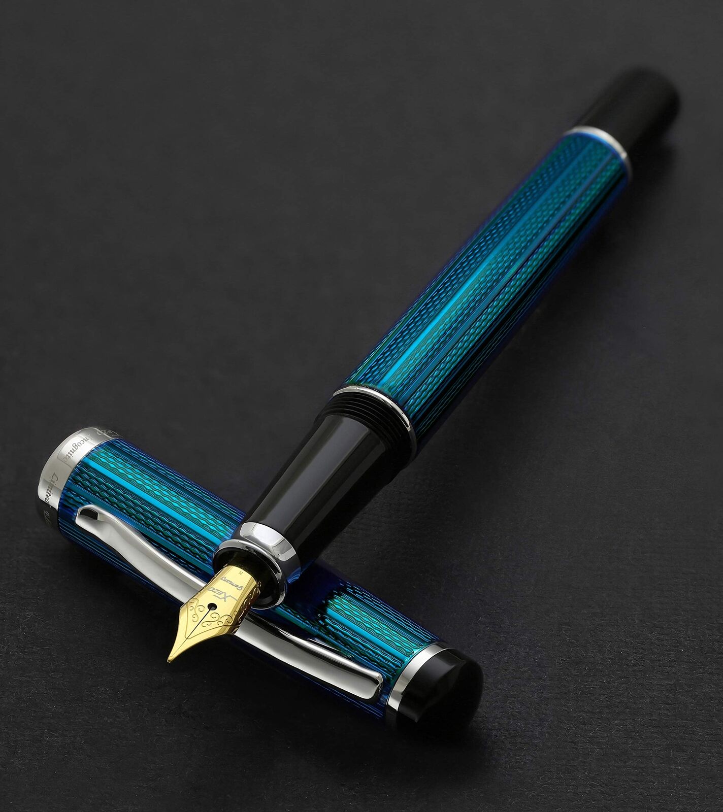 Xezo Incognito Fountain Pen Medium Nib. Deep Blue Layered Lacquer with Pure P...