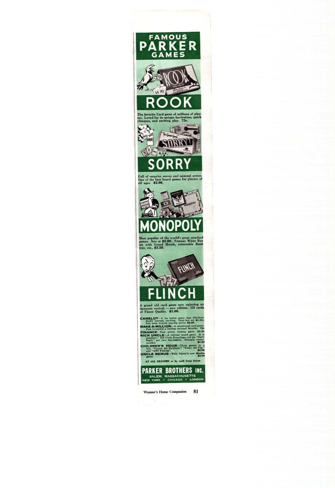 Vintage Print Ad 1947 Parker Brothers Games Rook Sorry Monopoly Flinch Salem MA