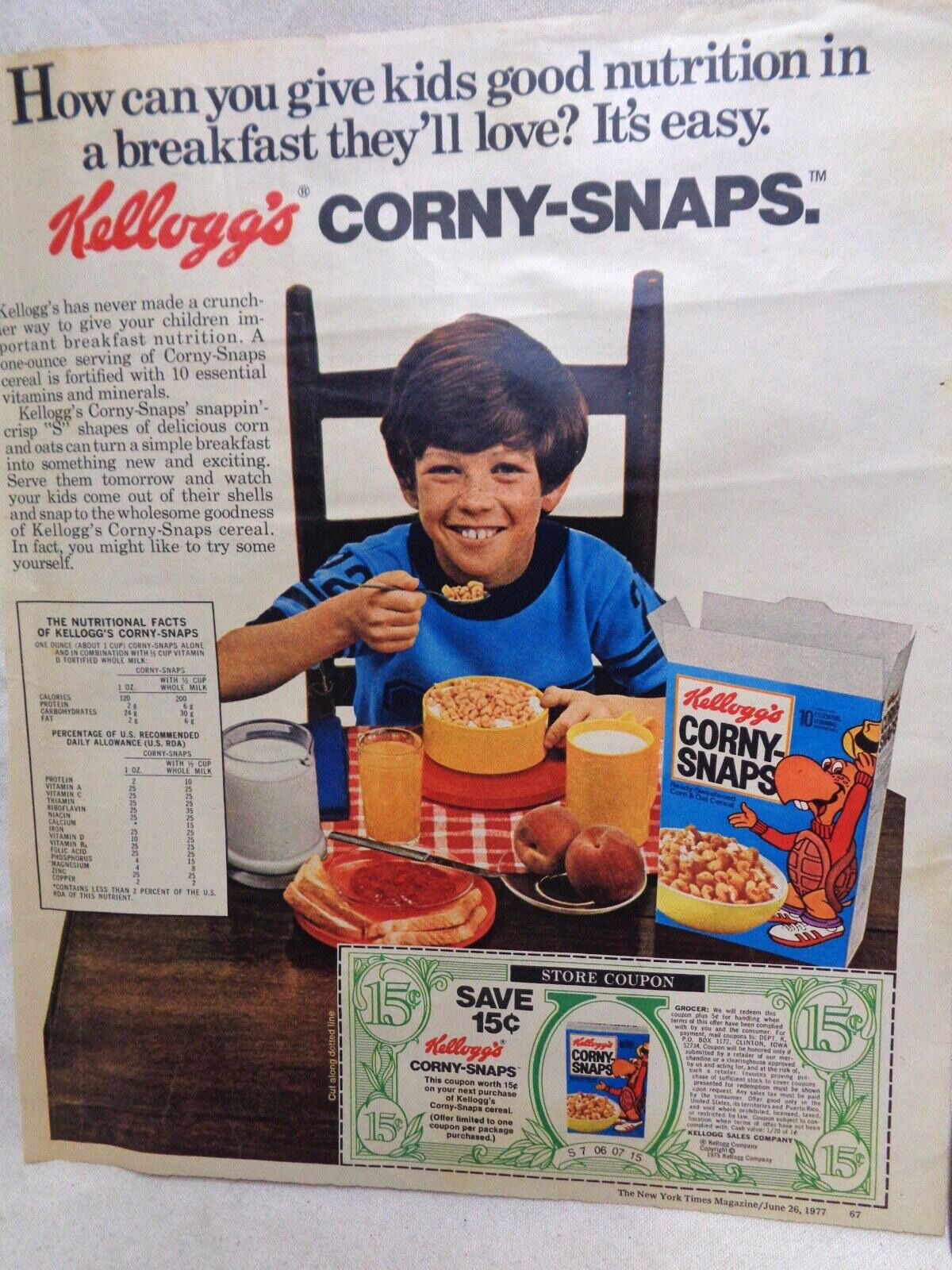 Vintage Ad Kellogg\'s Corny Snaps cereal box 1970s 1977 LARGE PAGE