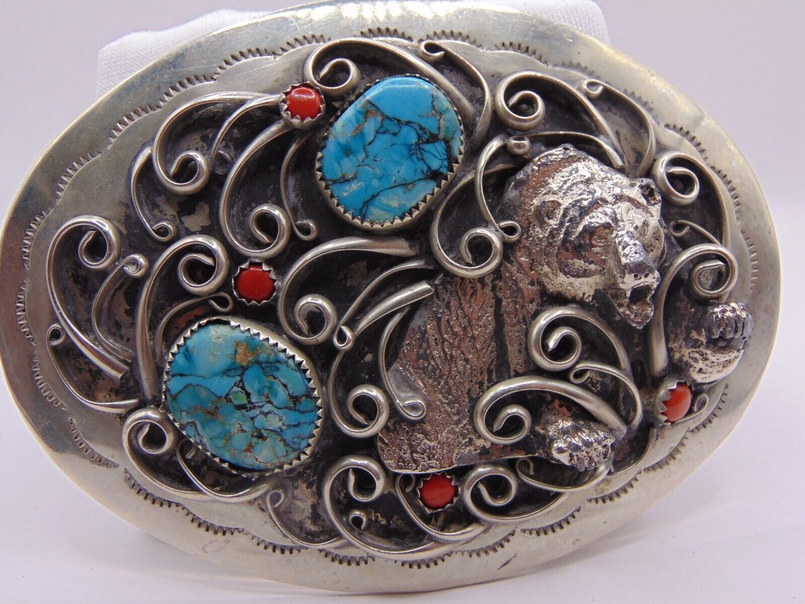 Vintage Western Belt Buckle Turquoise & Coral Southwest American Style Bear