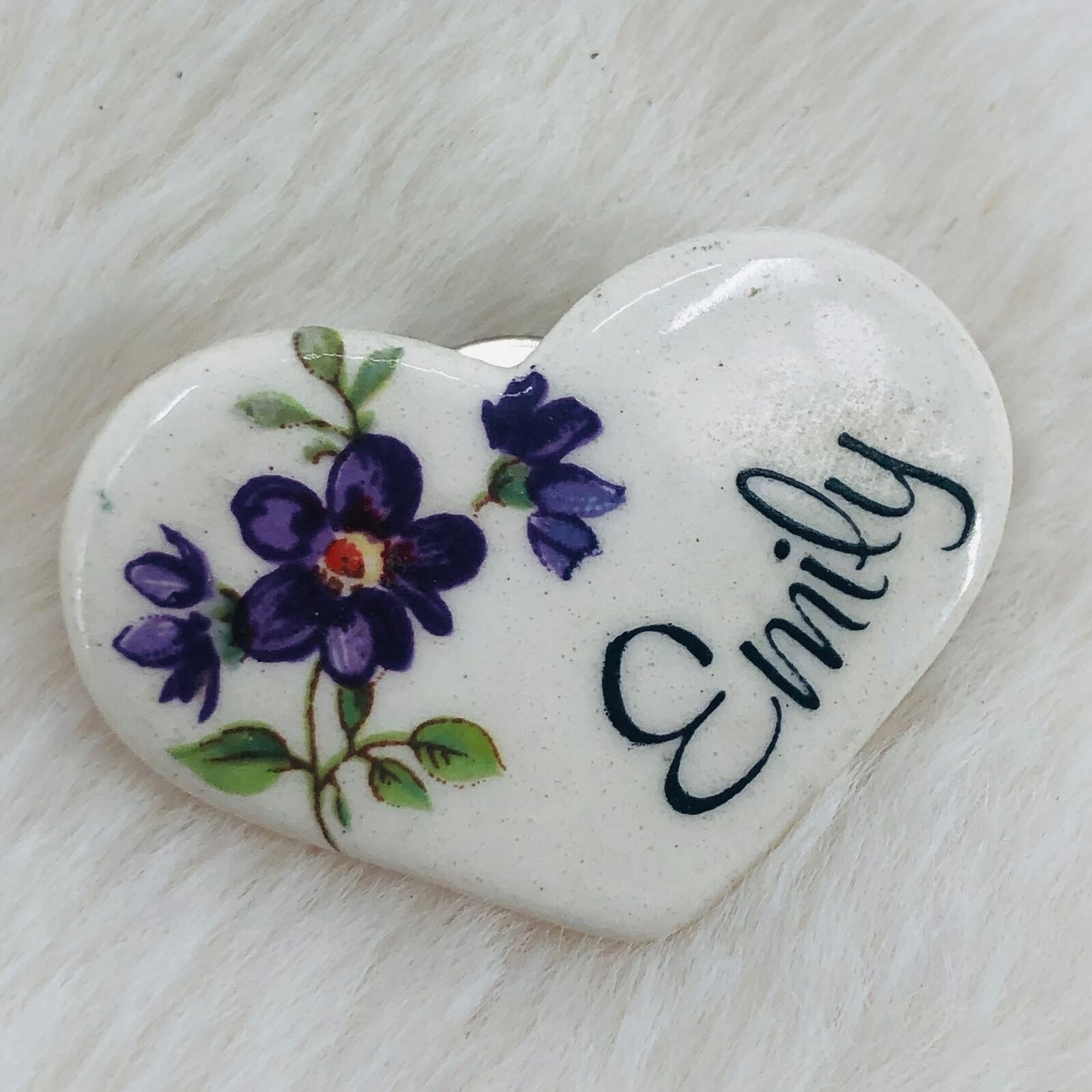 Vtg Ceramic Personalized Floral Heart Lapel Pin - Emily