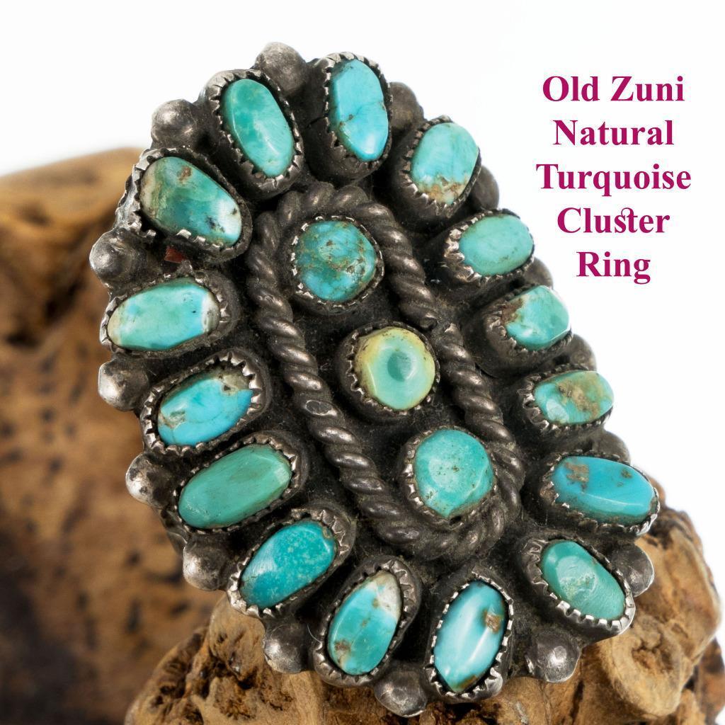Vintage Zuni Turquoise Petitpoint Cluster Ring Sterling Silver ZUNI 9 OLD Pawn