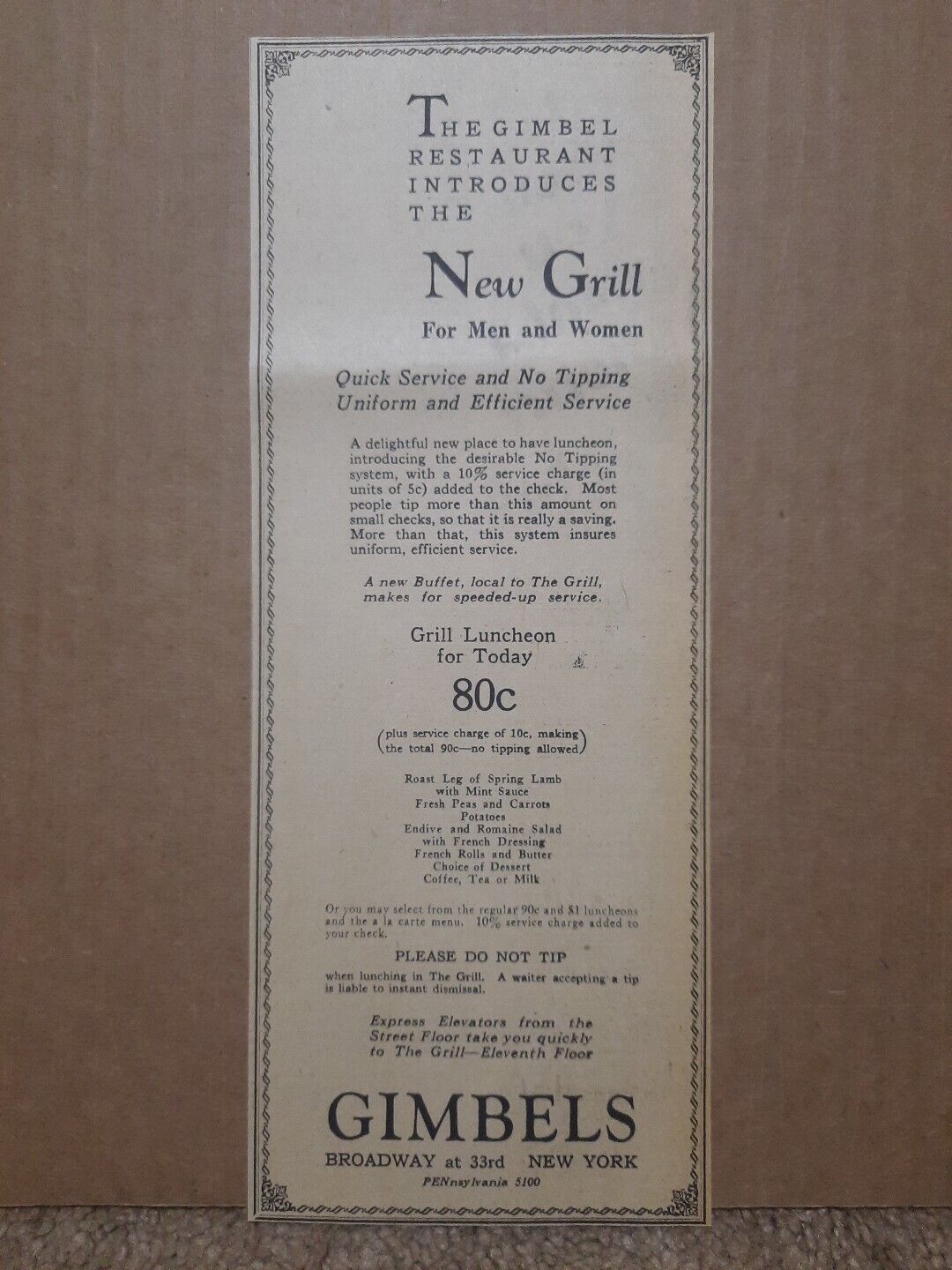 1929 Gimbles Restaurant Newspaper Menu Ad New Grill New York Broadway & 33rd