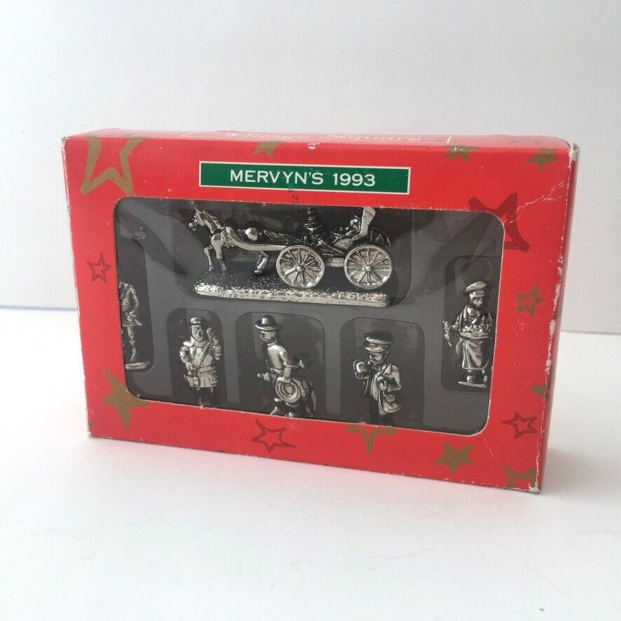 VTG Mervyn\'s Village Square Mini Metal Figurines Christmas Horse Buggy Box of 6