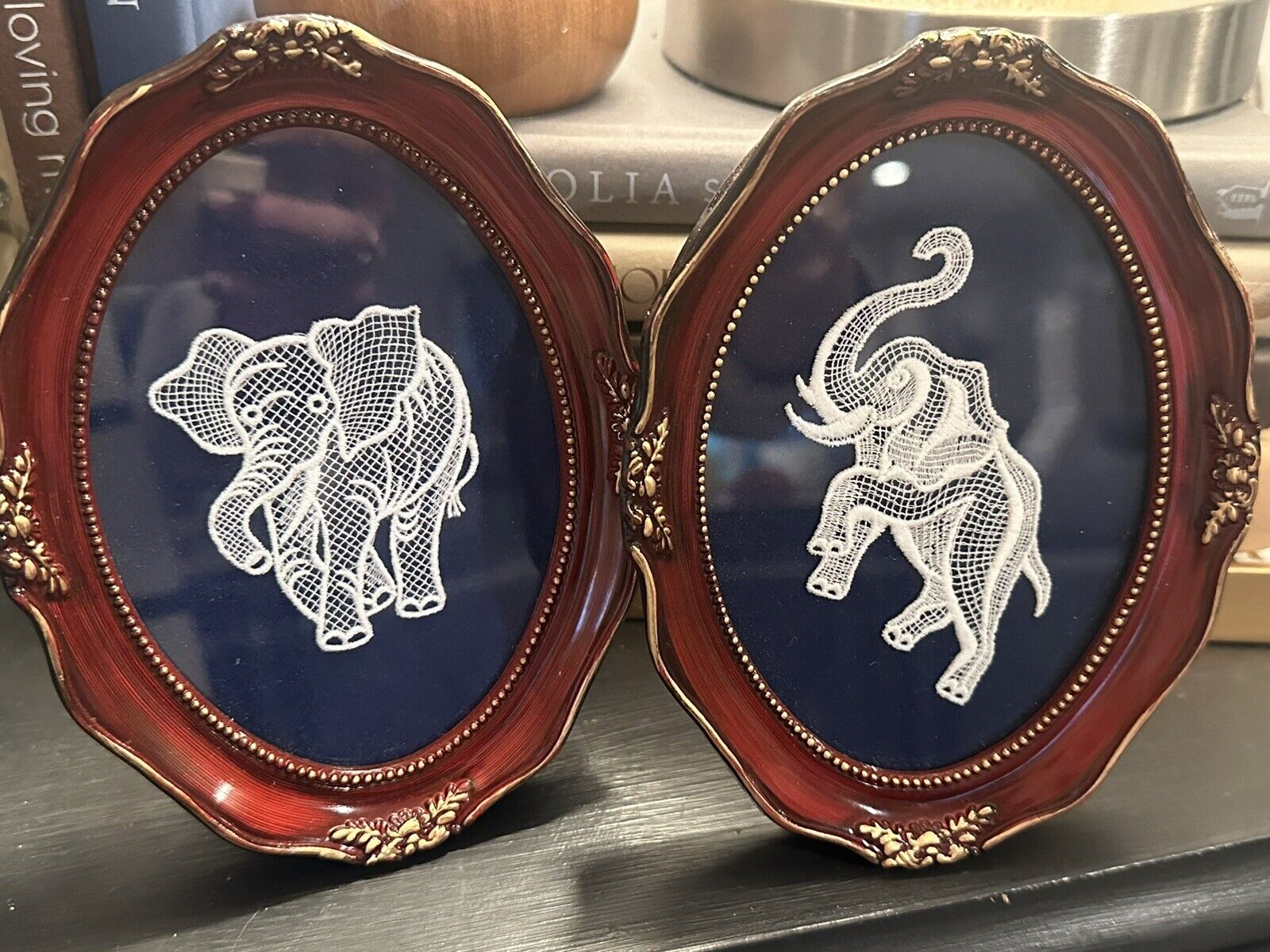 Set Of 2 Vintage Lace Elephant in an Oval Frame. The Lace Shop, Terre Haute IN.