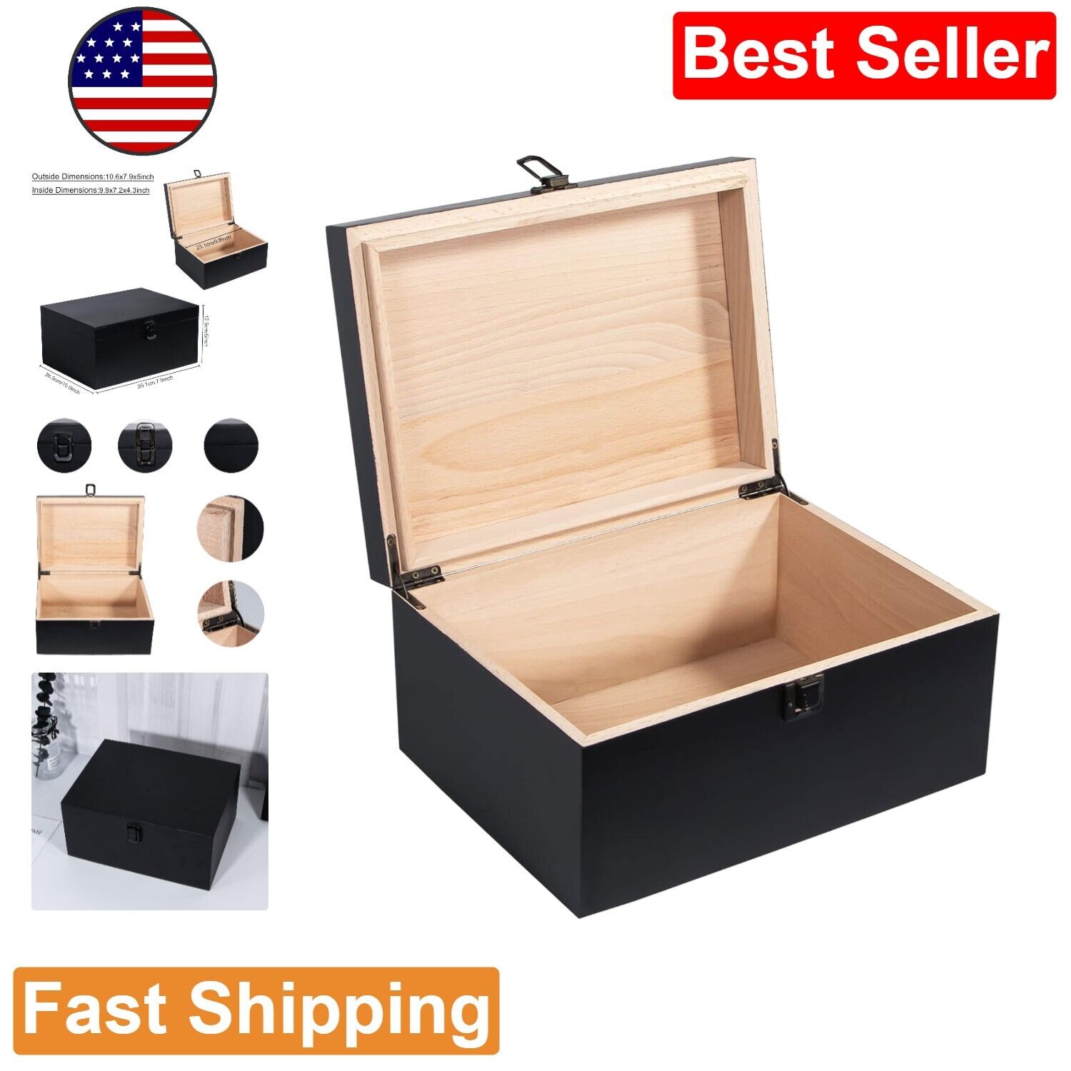 Extra-Large Handmade Wood Craft Box - Versatile Jewelry Gift Storage - Black