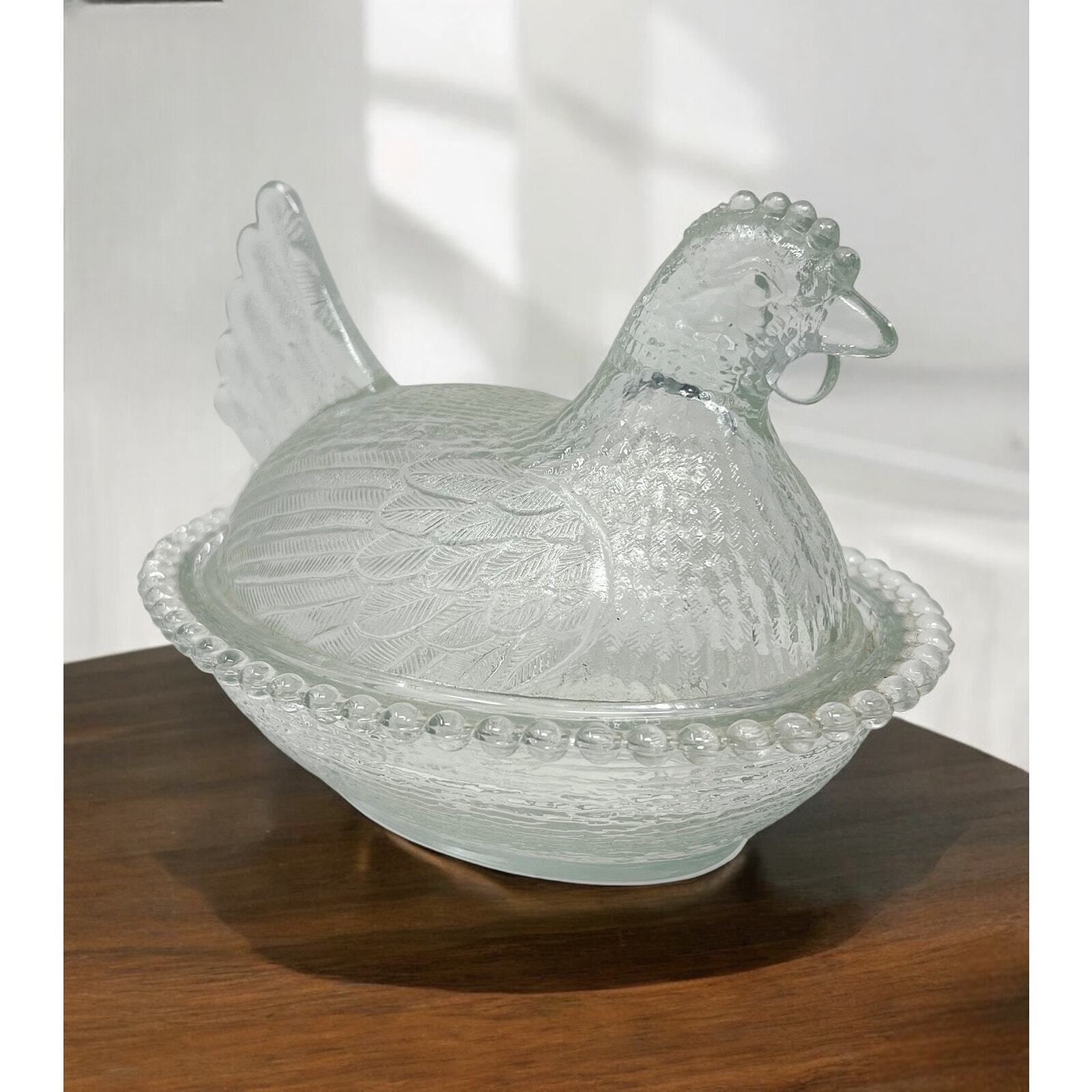 Vintage Indiana Glass Hen on Nest Detailed Clear Glass 