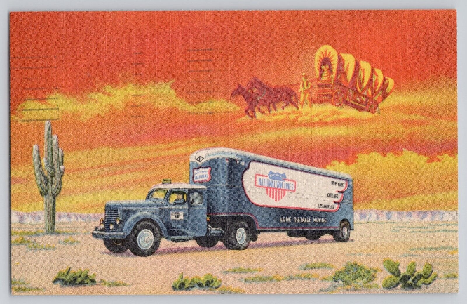 NATIONAL VAN LINES Advertising Postcard Curteich LINEN Posted 1953 Cactus Desert