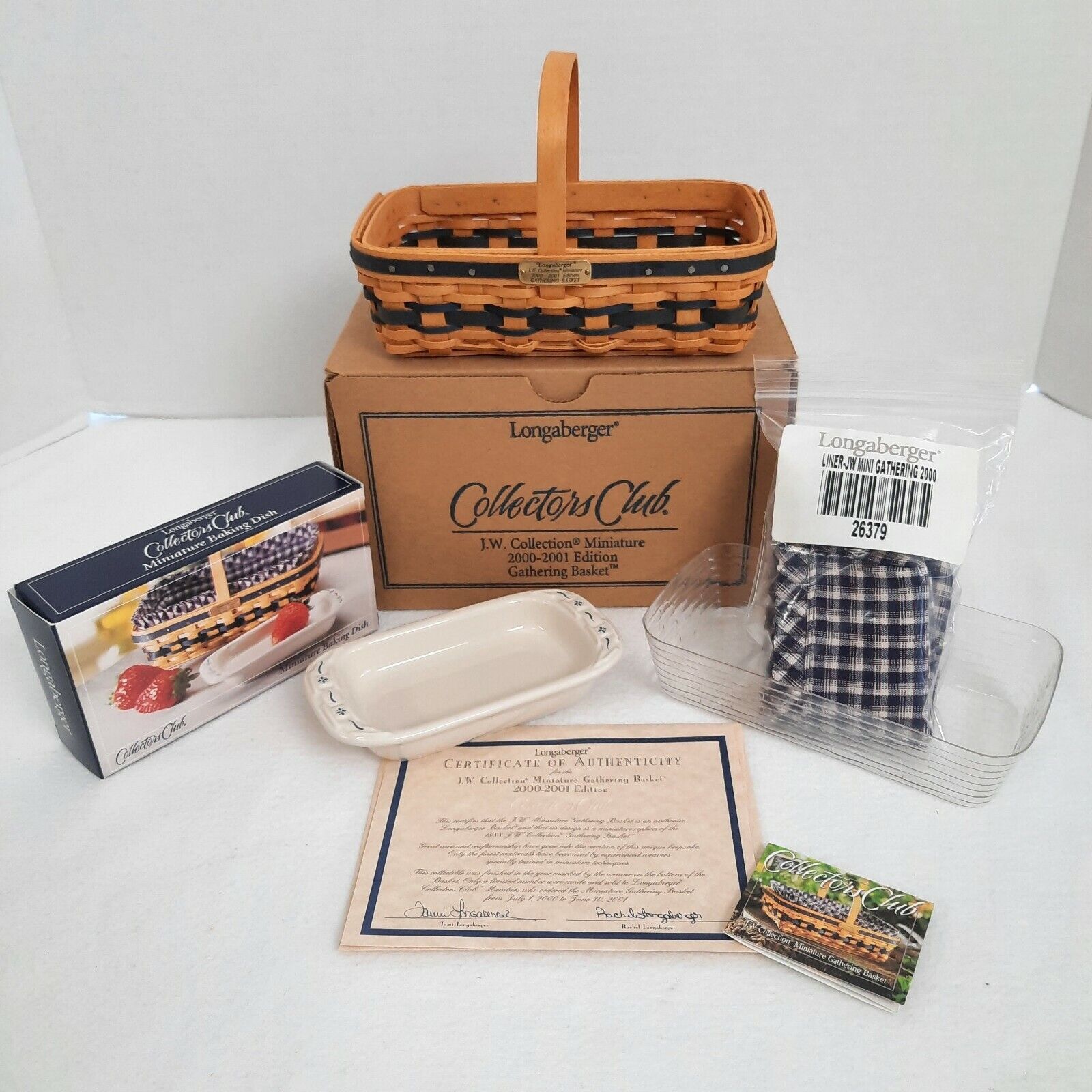 Longaberger Collector\'s Club JW Mini Gathering Basket Set+Mini Pottery Dish 2000