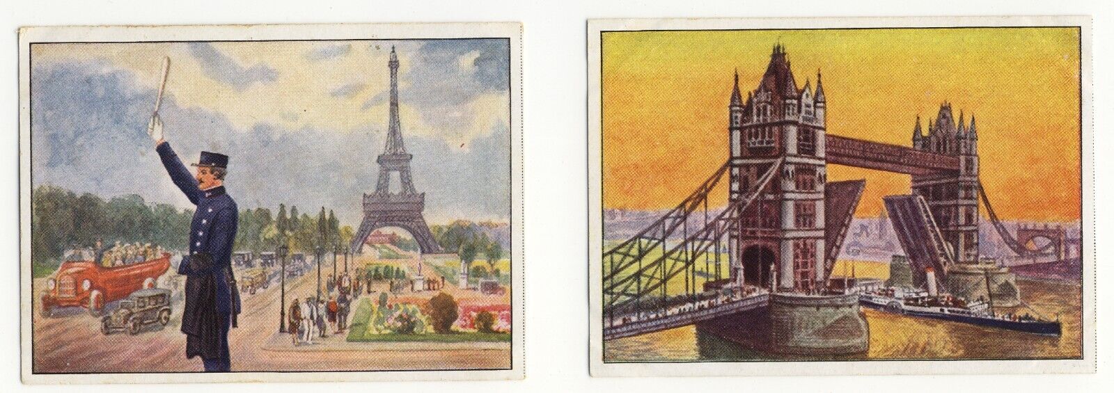 Echte Wagner 1929 Monuments Paris Eiffel Tower London Tower Bridge 2 cards VG-EX