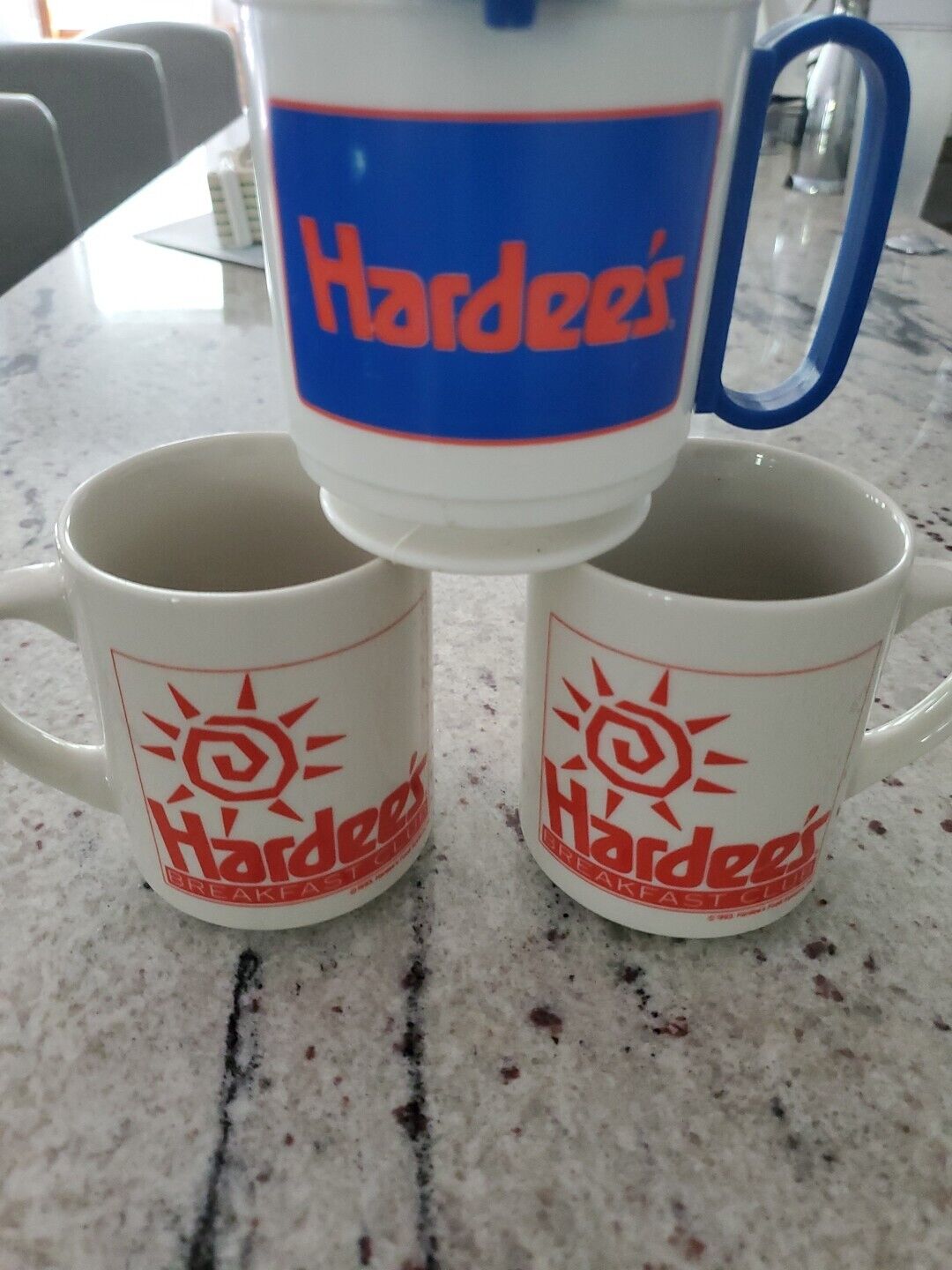 2 vintage Hardee\'s BREAKFAST CLUB Ceramic Coffee Mug Cup 10 oz White 1993  Bonus