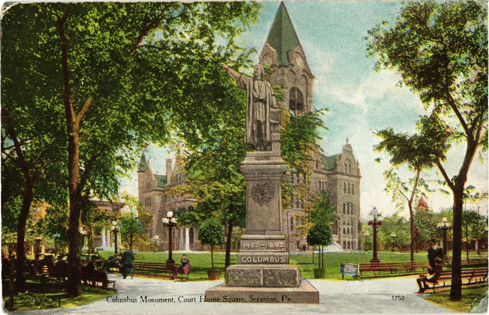 Columbus Monument Court House Square Scranton PA Divided Postcard c1913