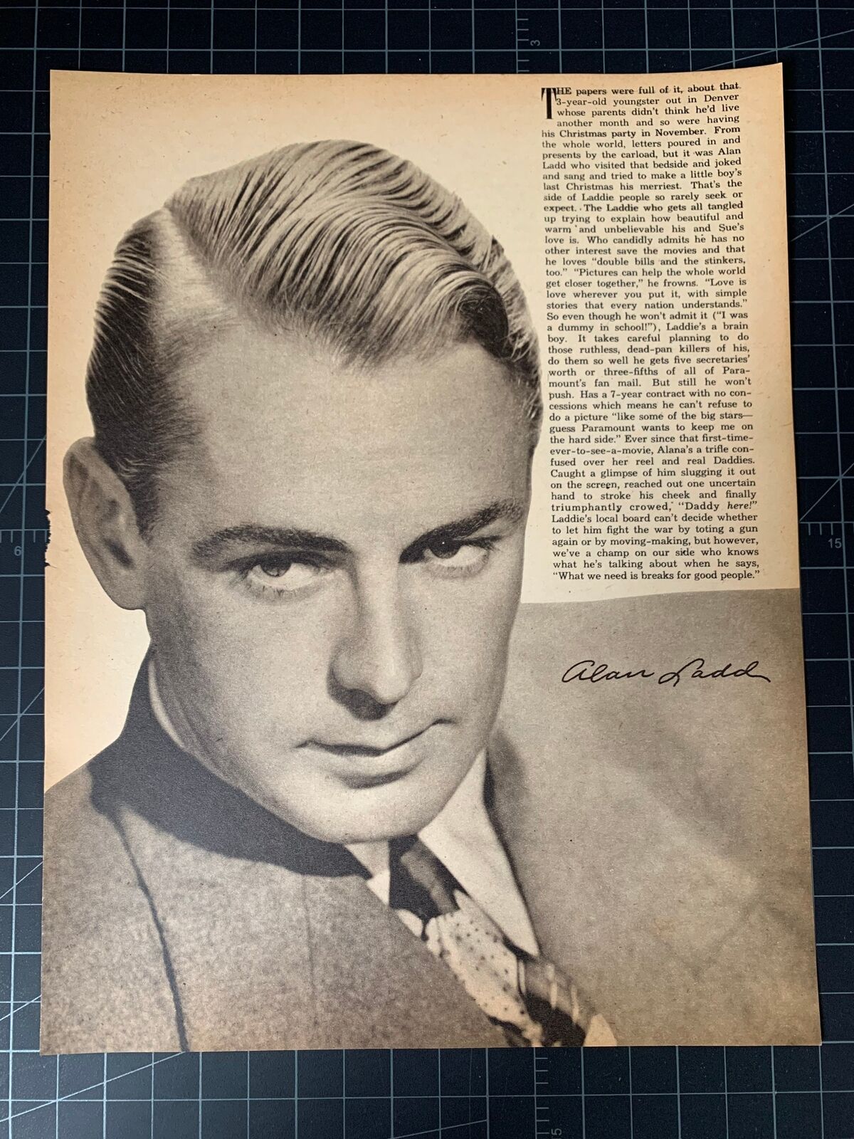 Vintage 1945 Alan Ladd Magazine Portrait - Vintage Hollywood Star
