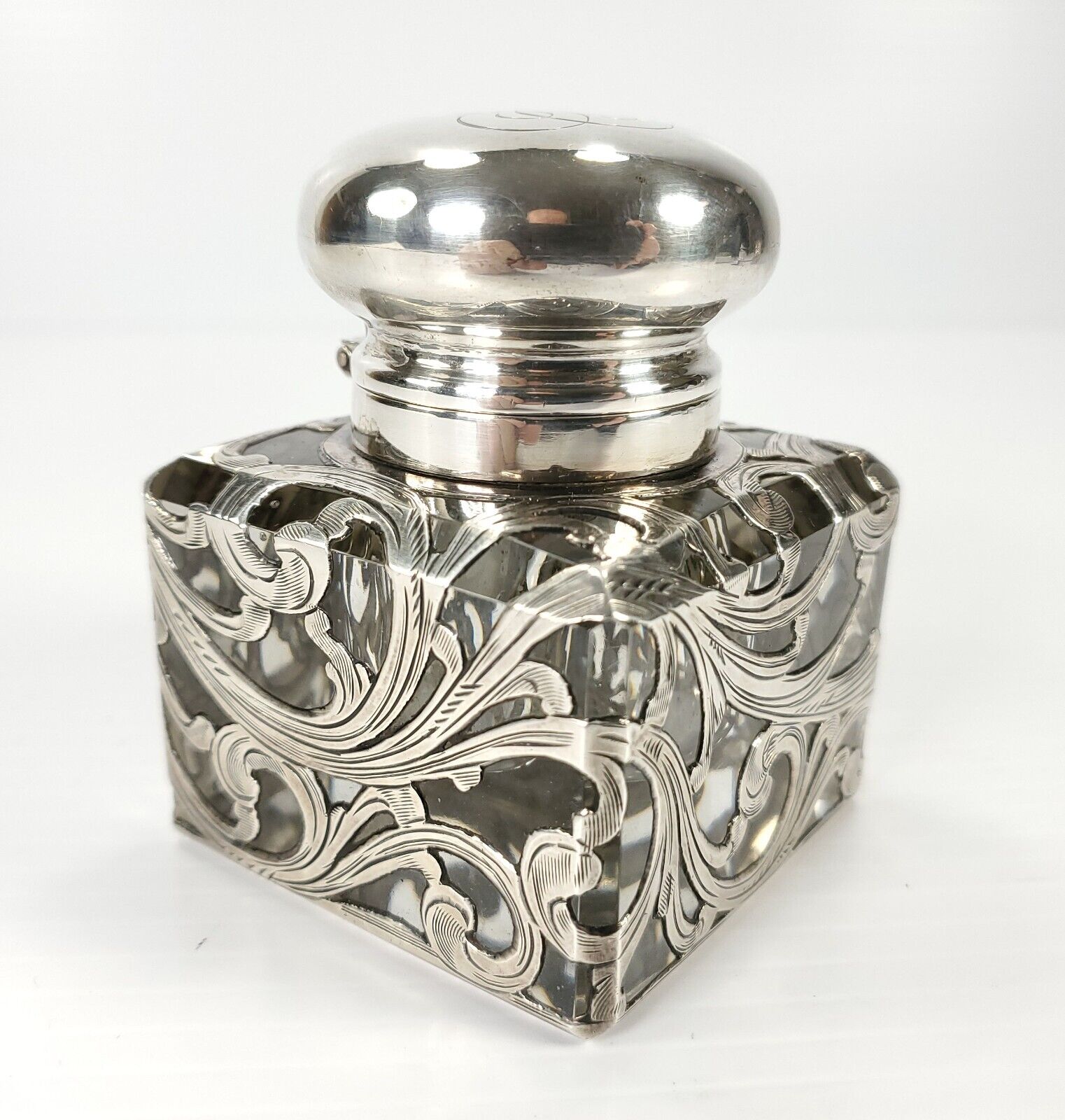 Large Impressive Thick Sterling Silver Overlay Inkwell