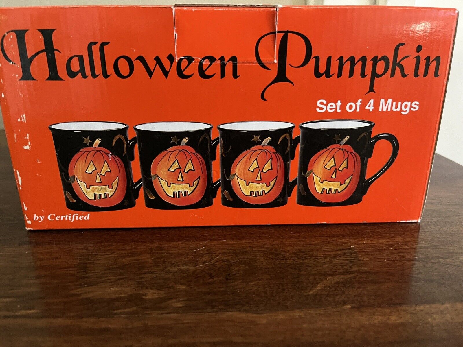 NIB Vintage Halloween Pumpkin Ceramic Mugs Set Of 4 Certified International