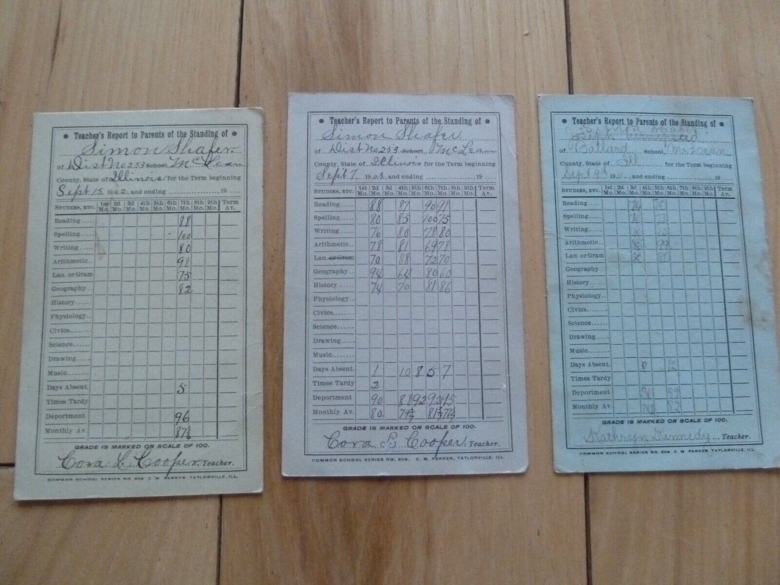1901 1902 1903 Mclean Illinois High School Report Card Cards Simon Shafer FINE