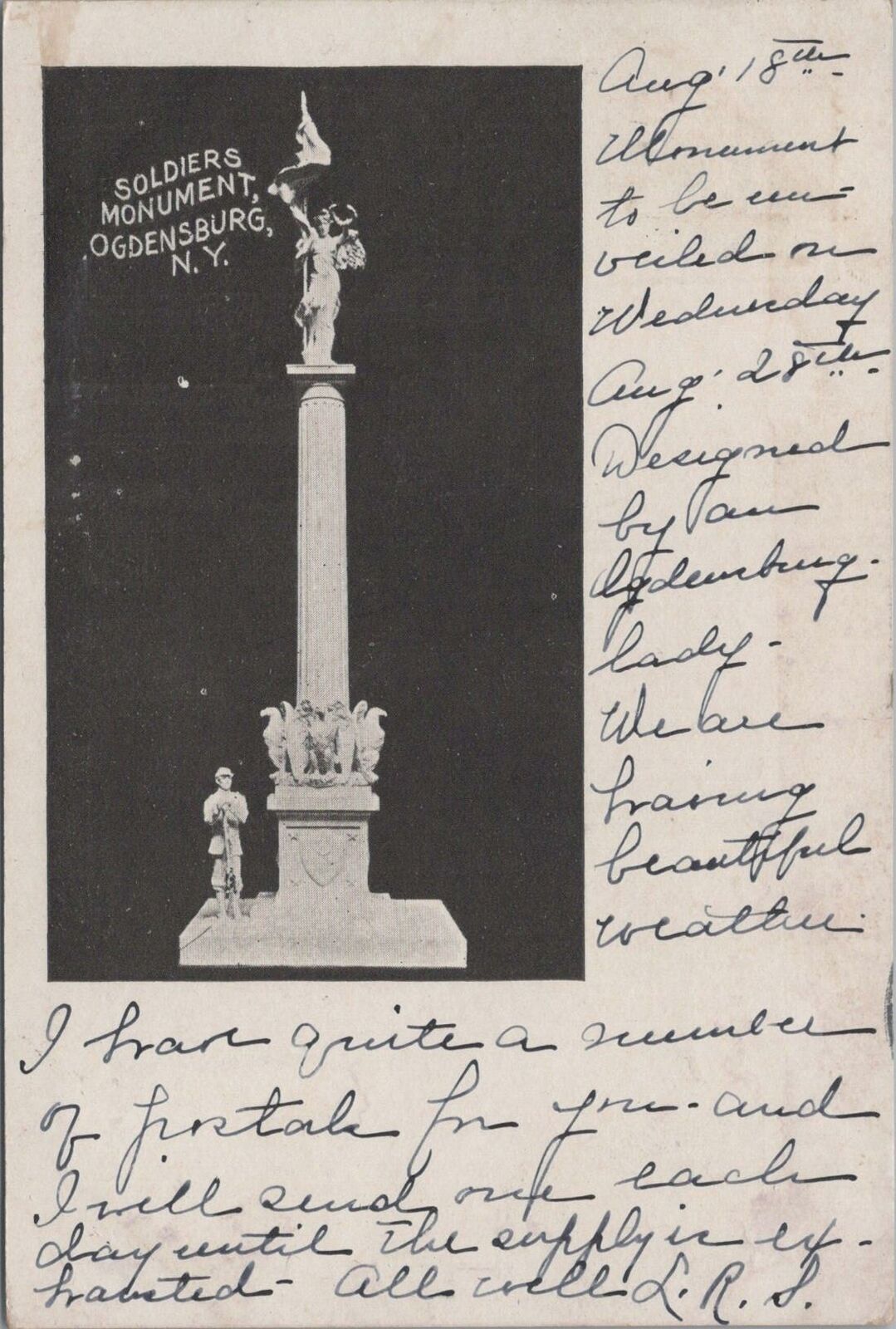 Postcard Soldiers Monument Ogdensburg NY 1905