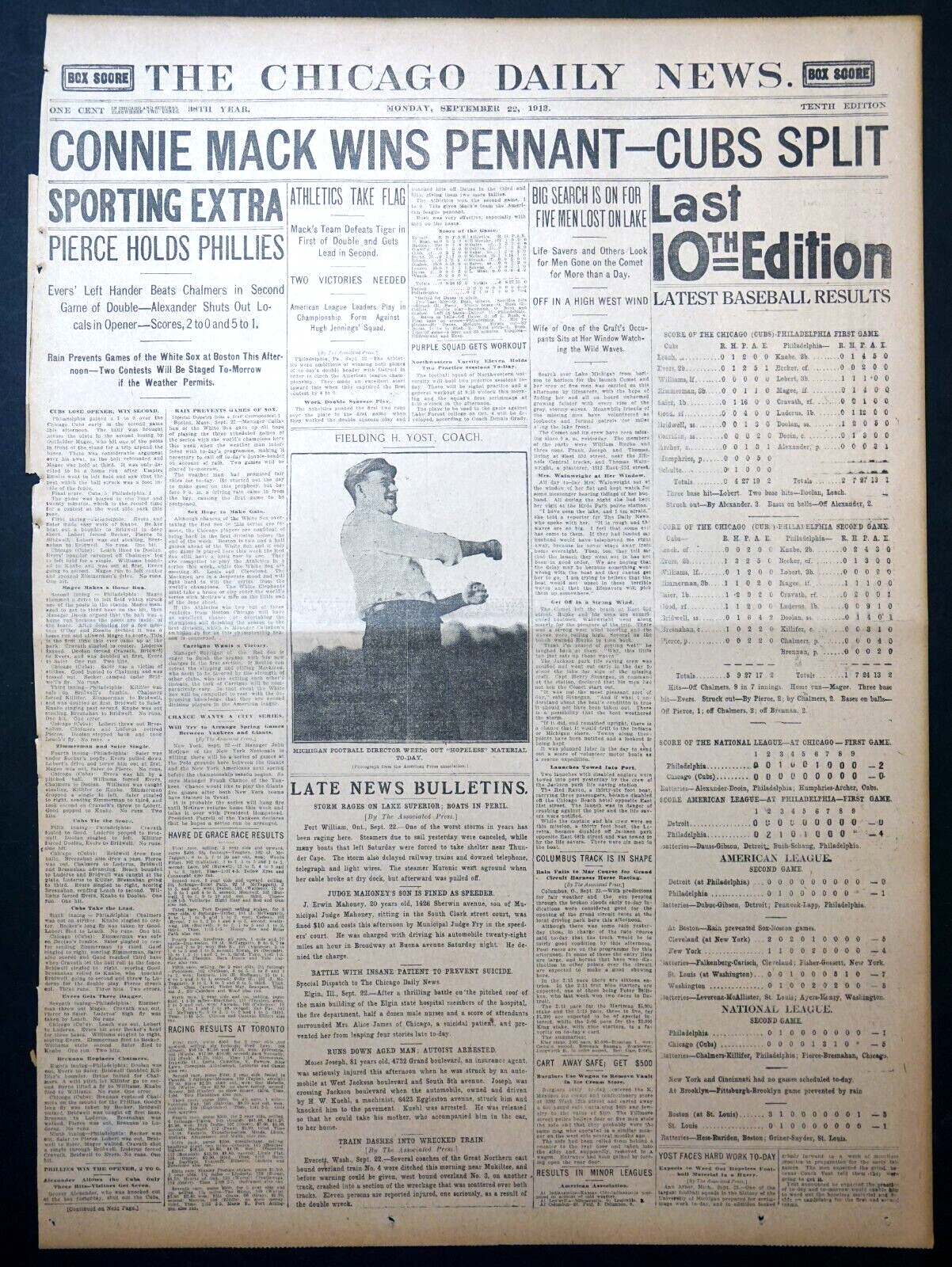 1913 Chicago Sports Page - Connie Mack & Philadelphia Athletics Win A.L. Pennant