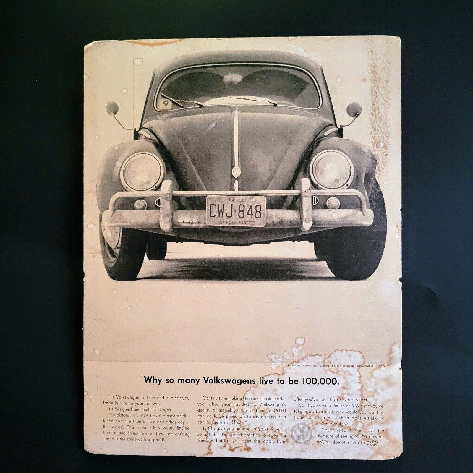 Vtg 1966 VW Volkswagen Beetle Print on Foamboard Live To Be Advert 13x10 READ