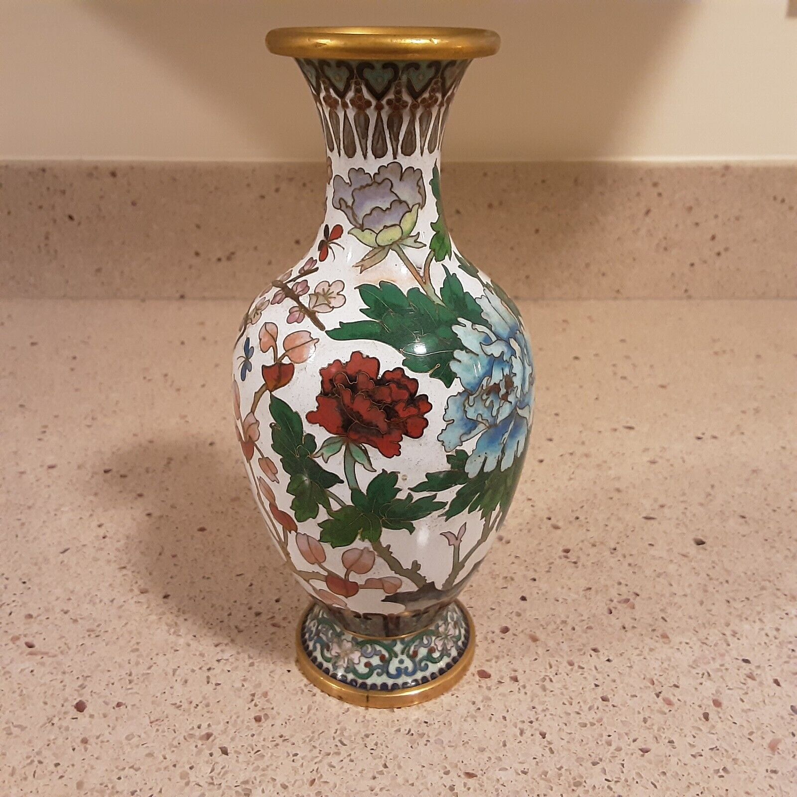 Vintage Enamel on Brass Cloisonné Floral Theme Vase ~ 8\