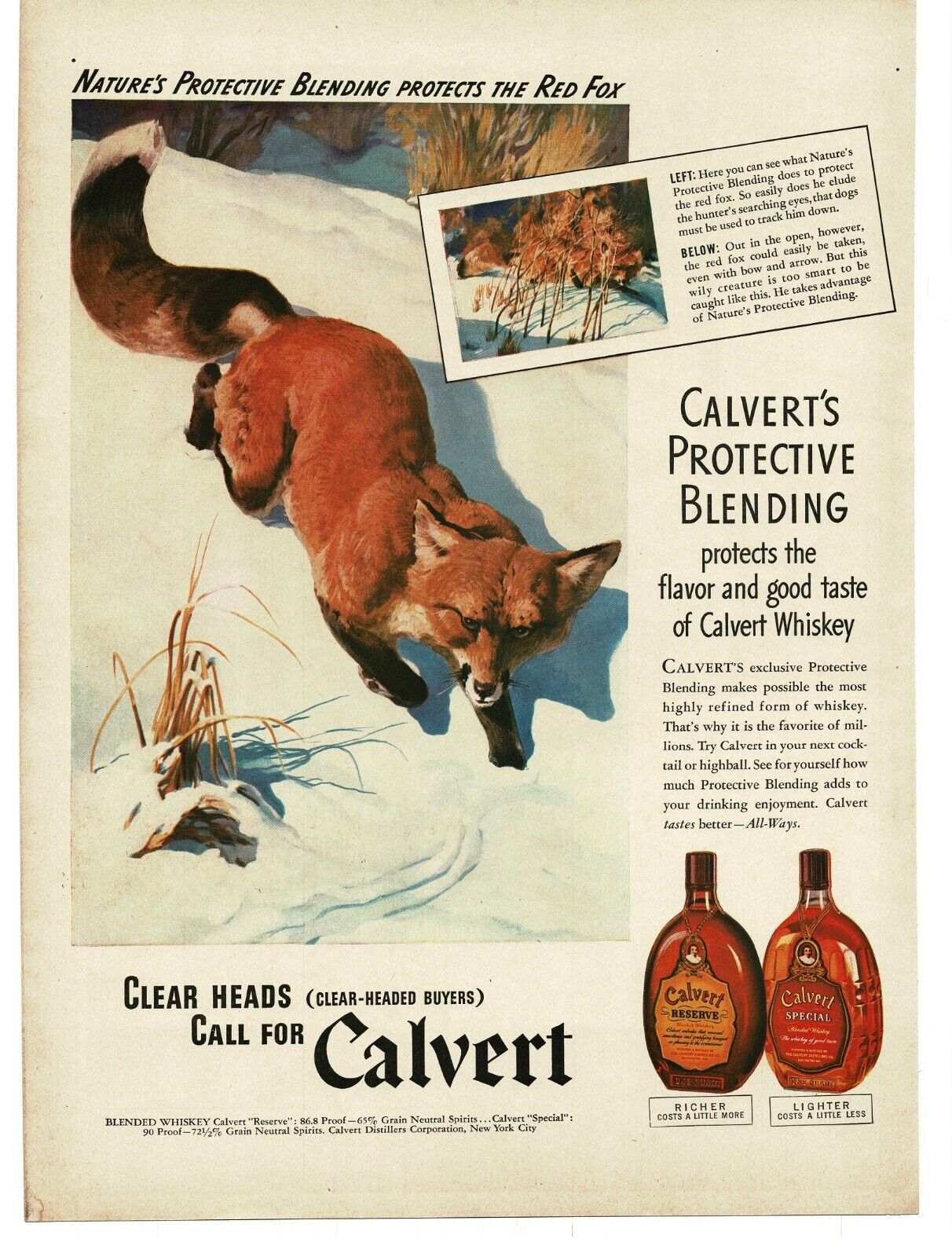 1941 Calvert Whiskey Red Fox art Vintage Print Ad