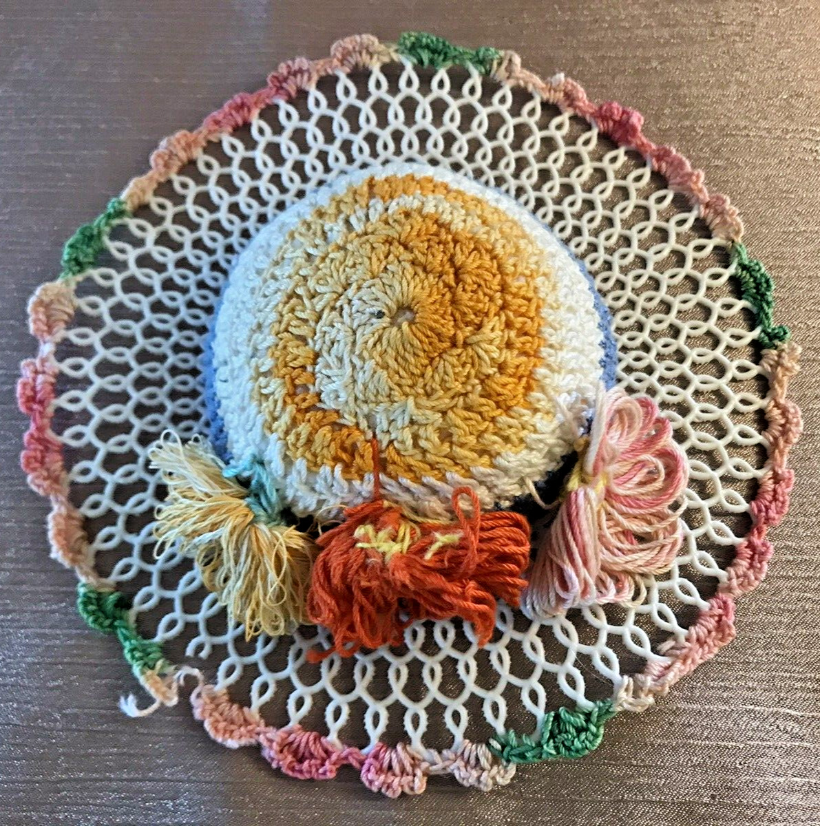 Vintage Hand Crocheted Sun Hat Pin Cushion Pastel Multi-Color 6.25\