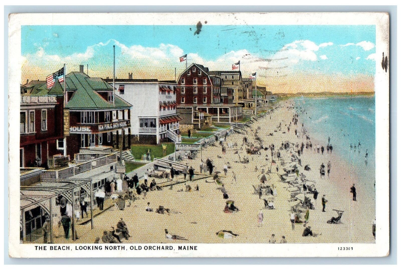 1939 The Beach Swimming Tourist Cottages Flags Old Orchard Maine ME Postcard