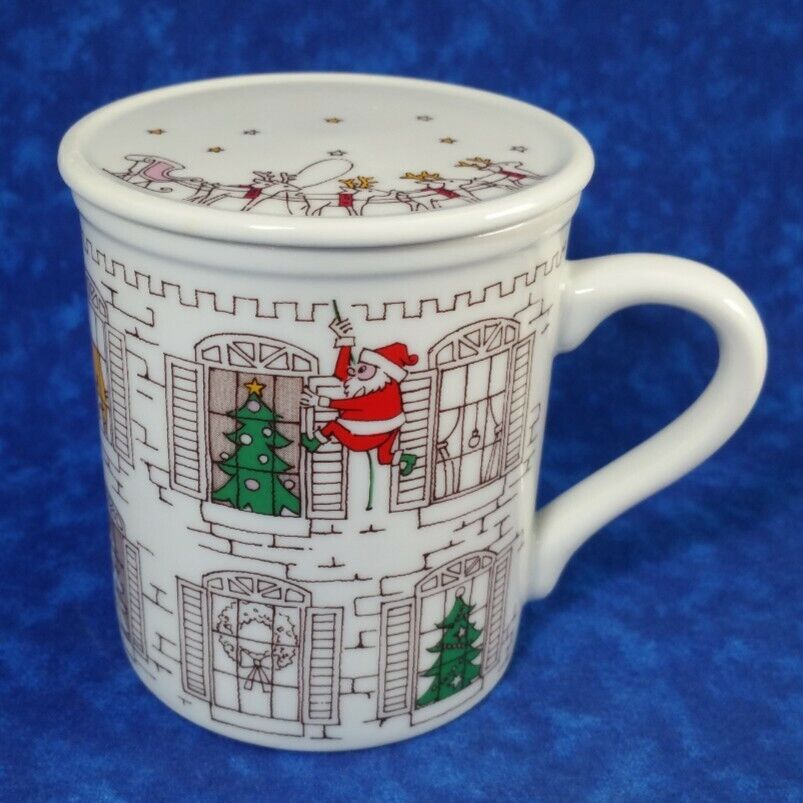 Vintage The Toscany Collection Santa & Reindeer Mug With Lid Coffee Cup Japan