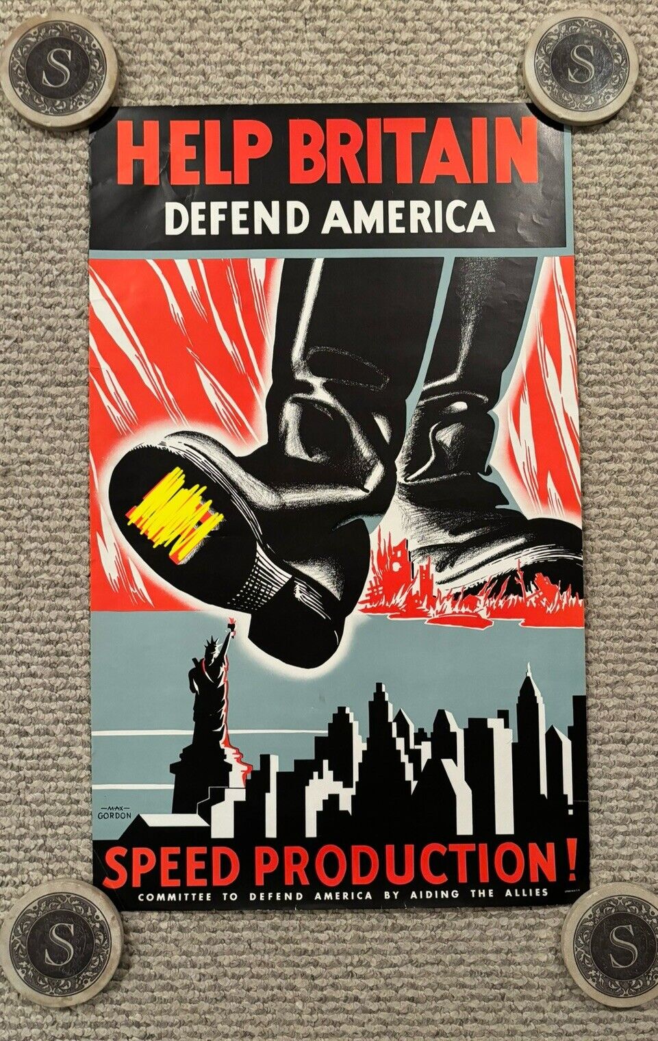 Original WWII Anti Axis Poster Help Britain Defend America Speed Production