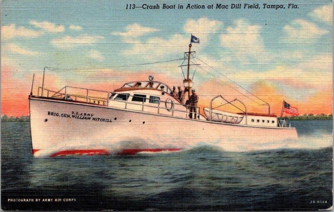 Tampa Florida FL Crash Boat in Action at Mac Dill Field Vintage Postcard PM 1943